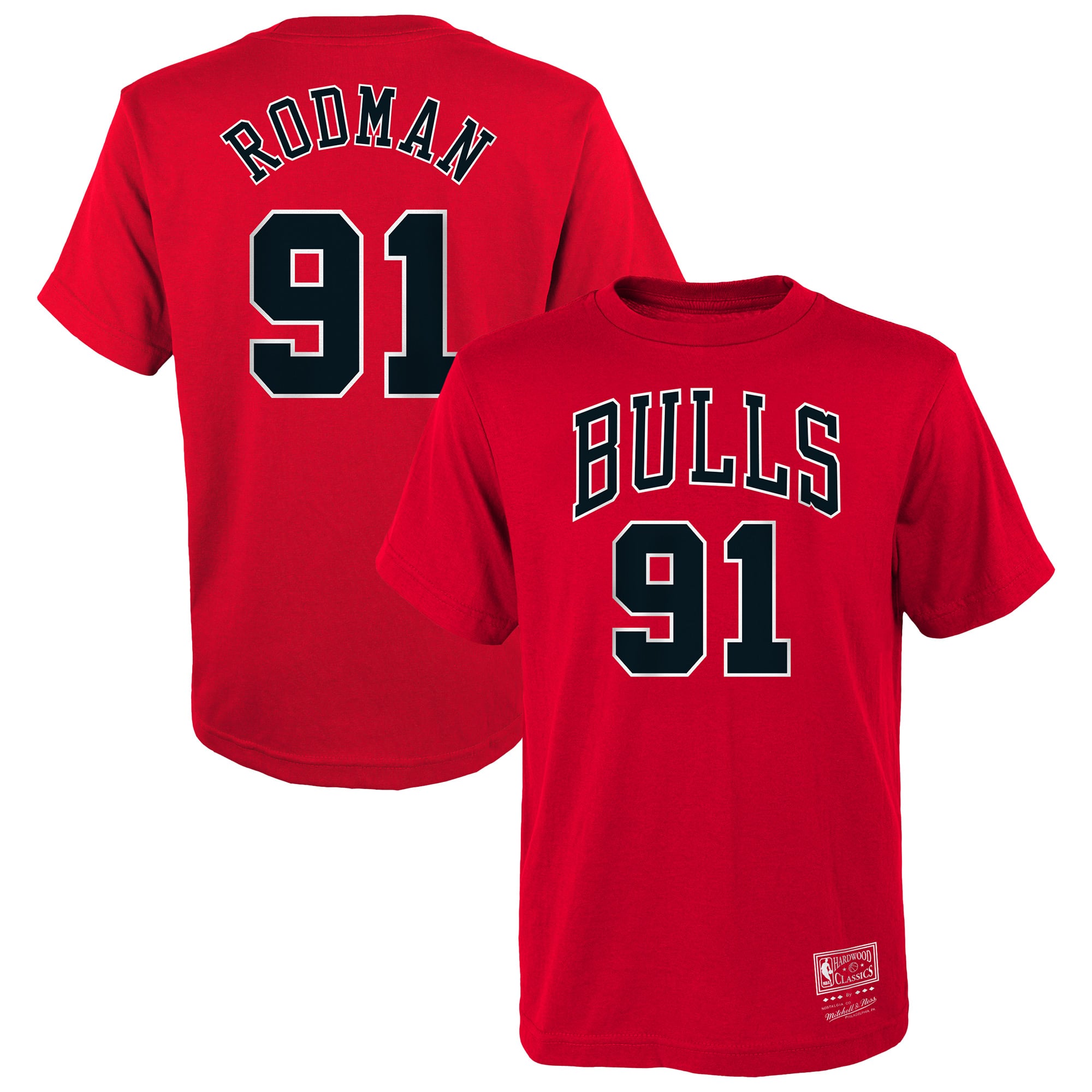 Youth Mitchell & Ness Dennis Rodman Red Chicago Bulls Hardwood Classics Name & Number T-Shirt
