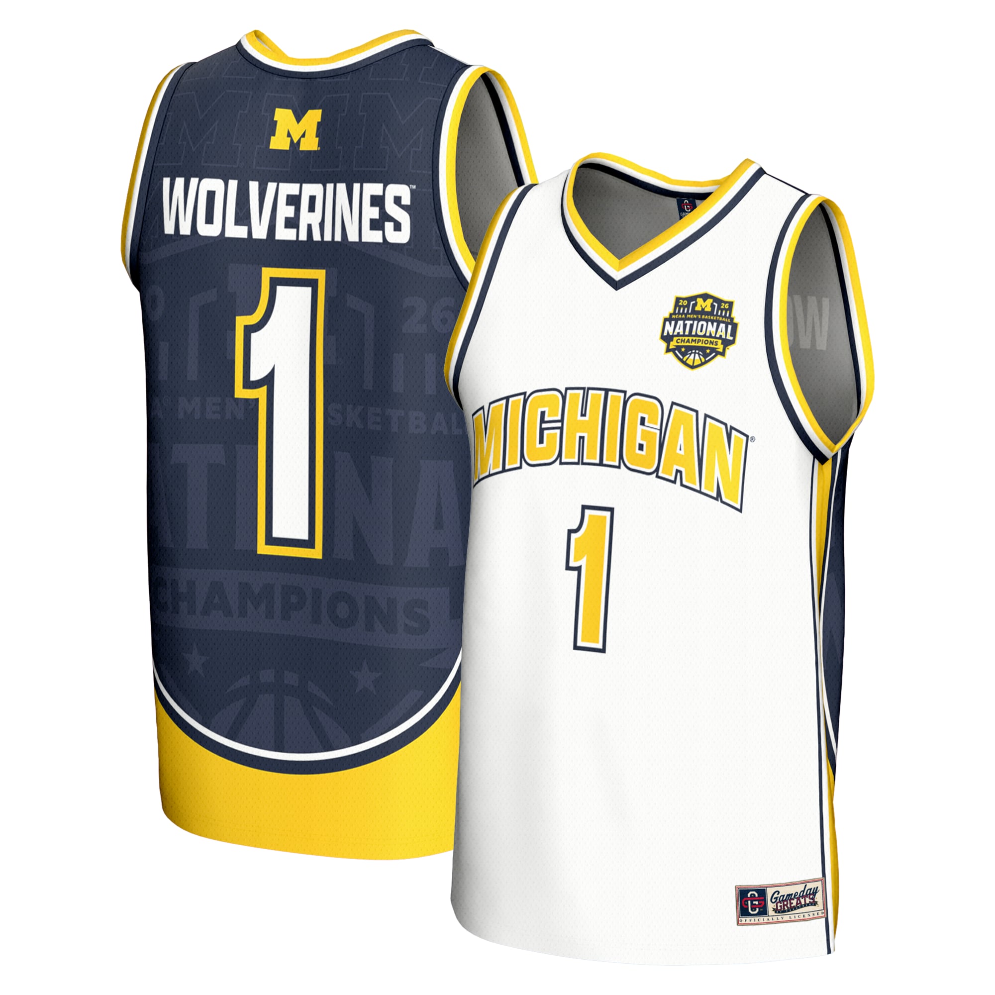 Unisex GameDay Greats  White Michigan Wolverines 2026 NCAA Men's Basketball National Champions #1 Commemorative Fashion Jersey