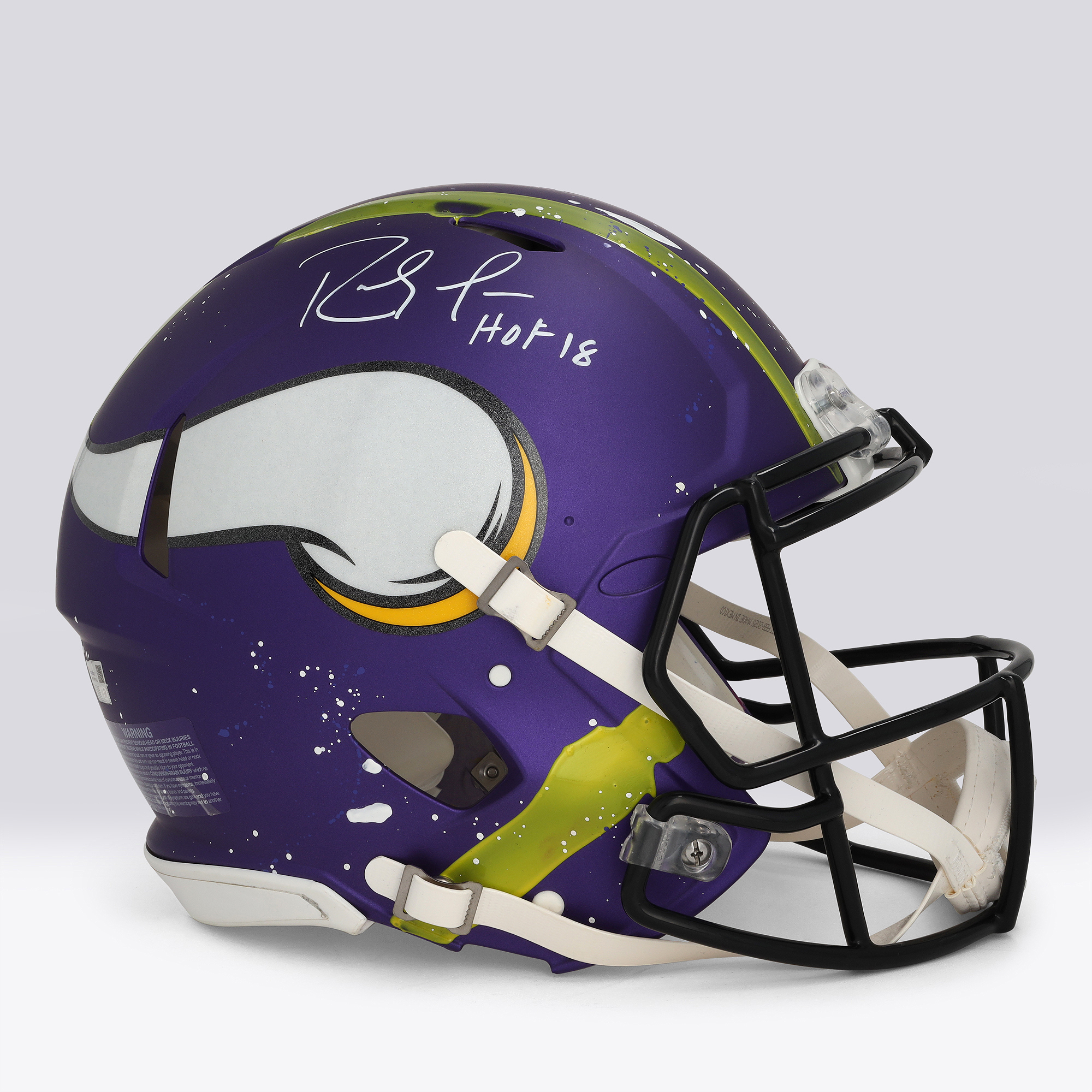 Randy Moss Minnesota Vikings Autographed Riddell Speed Authentic Helmet with "HOF 18" Inscription - Art by King…: retailer-supplied image