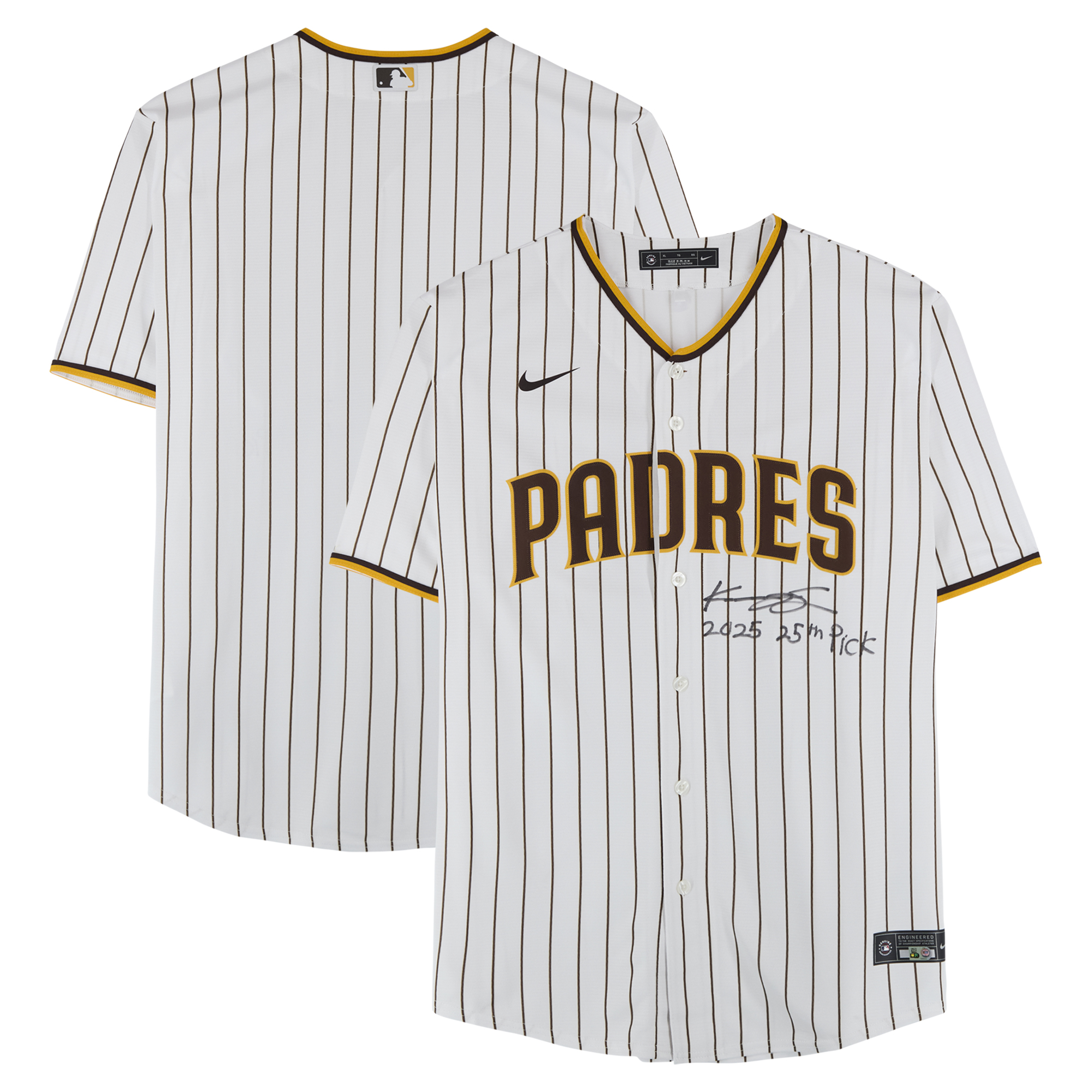 Kruz Schoolcraft San Diego Padres Autographed White Nike Replica Jersey with “2025 25th Pick” Inscription Kruz Schoolcraft San Diego Padres Autographed White Nike Replica Jersey with “2025 25th Pick” Inscription