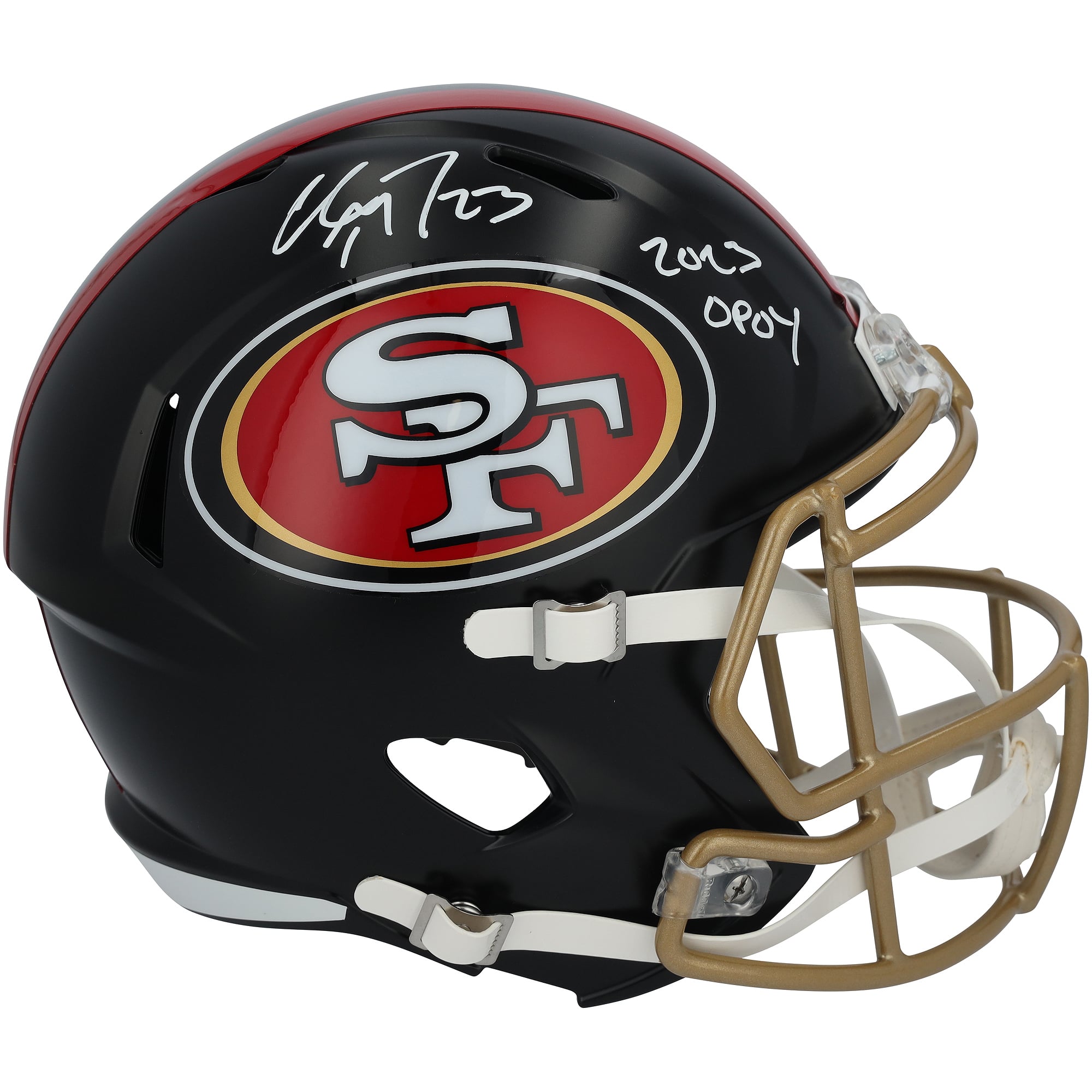 Christian McCaffrey San Francisco 49ers Autographed Riddell Rivalry Speed Replica Helmet with "2023 OPOY" Inscription