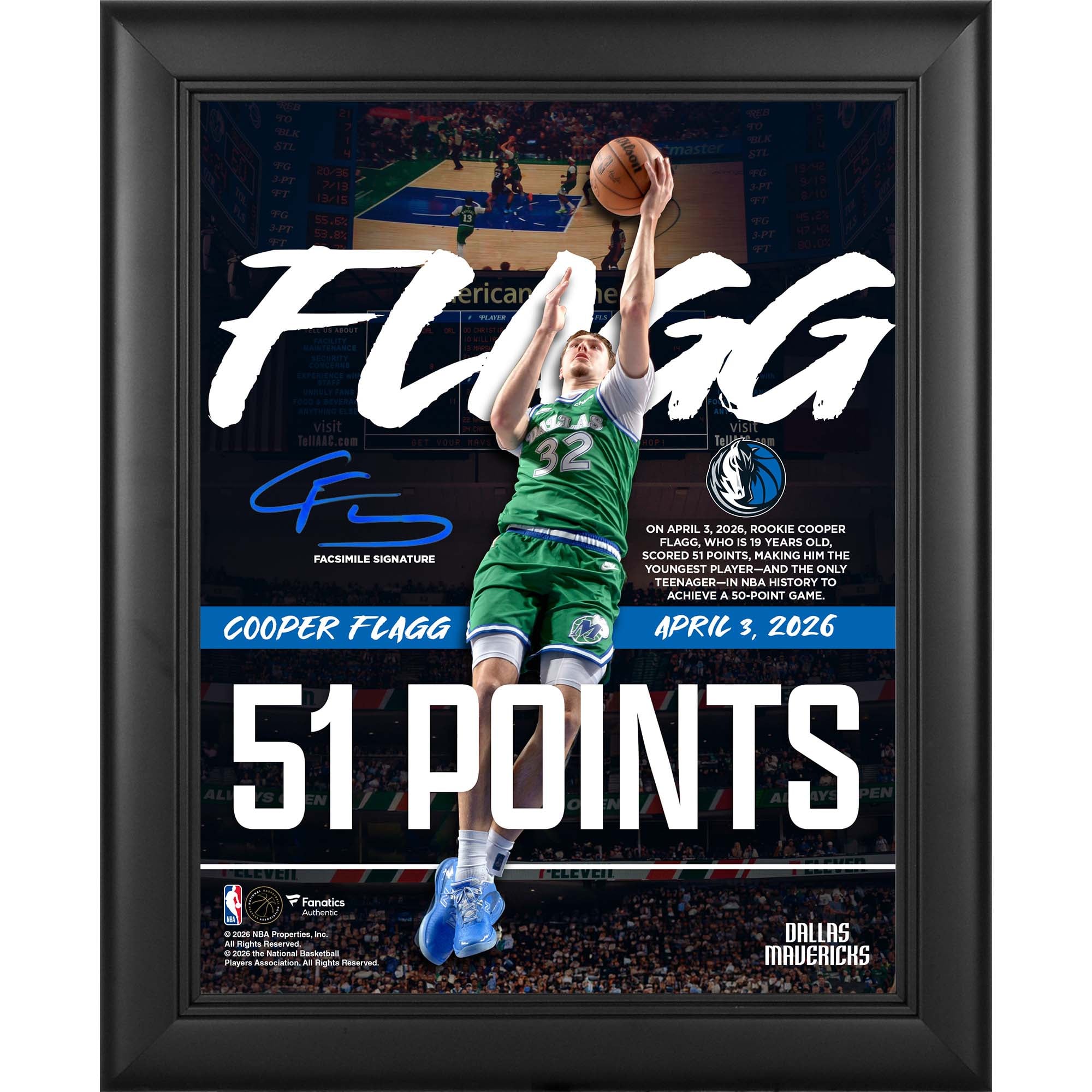 Cooper Flagg Dallas Mavericks Facsimile Signature Framed 13" x 16" 51-Point Game Collage