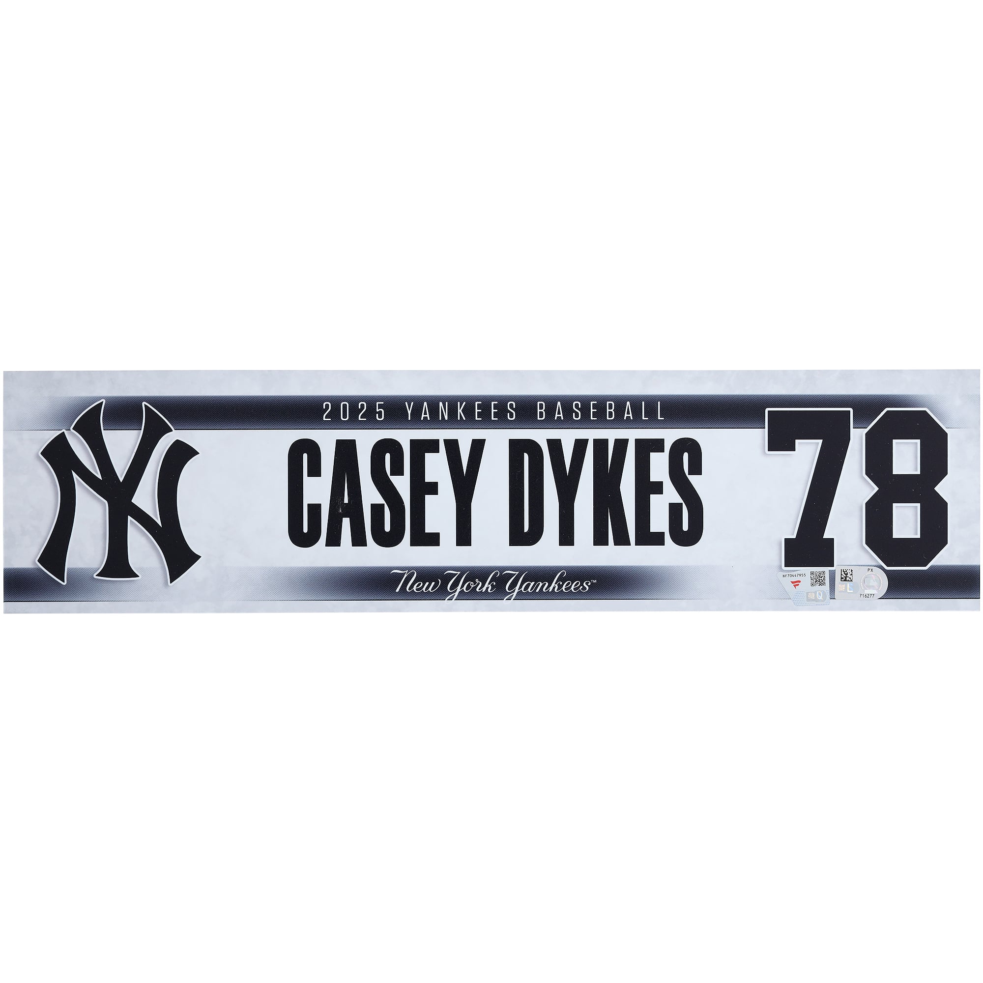 Casey Dykes New York Yankees Player-Issued #78 Nameplate from the 2025 MLB Postseason