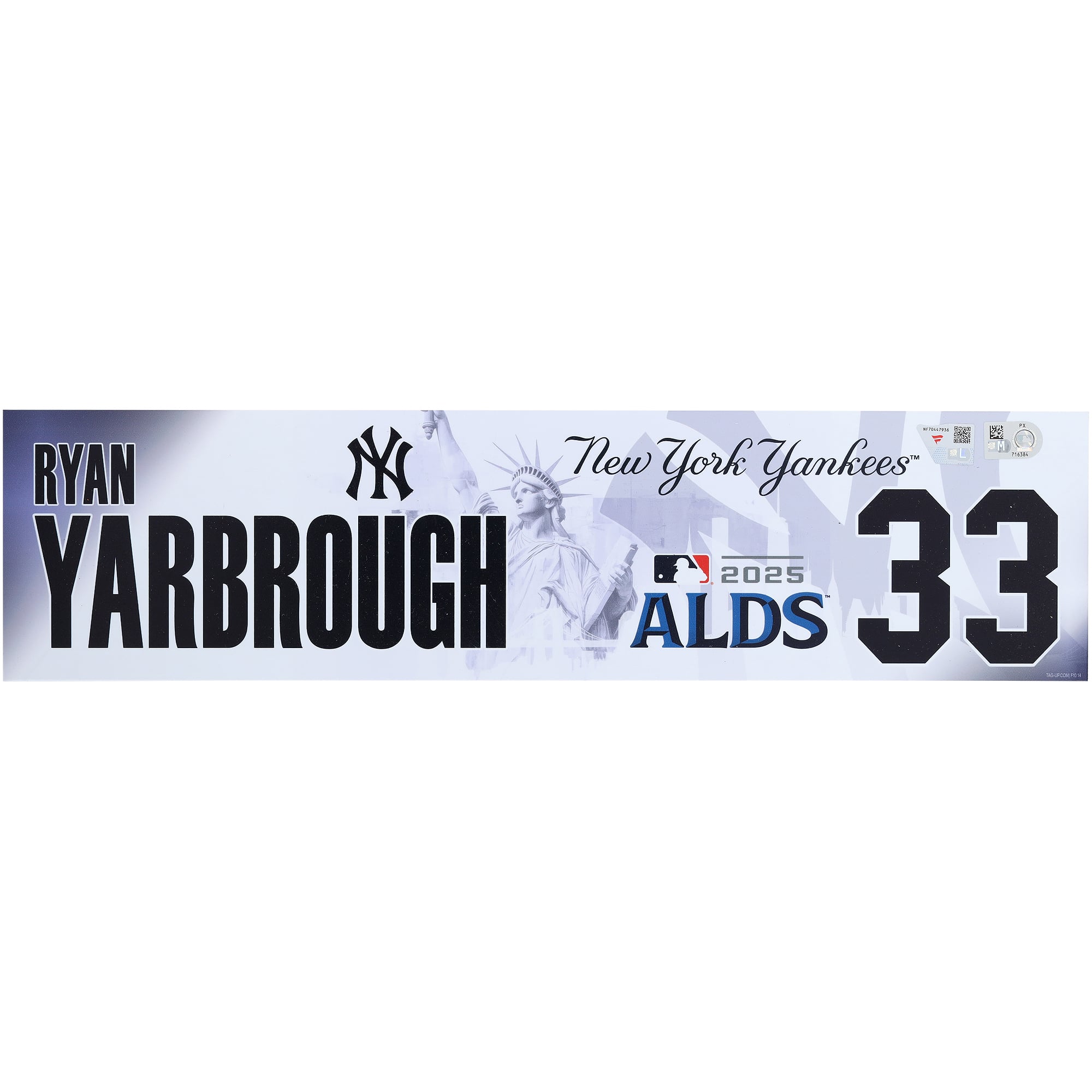 Ryan Yarbrough New York Yankees Player-Issued #33 Nameplate from the 2025 MLB Postseason