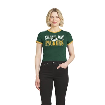 Women's WEAR by Erin Andrews  Green Green Bay Packers Cropped Throwback Ringer Baby T-Shirt