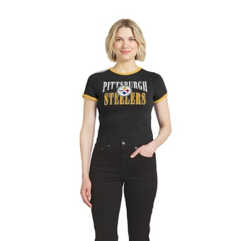 Women's WEAR by Erin Andrews  Black Pittsburgh Steelers Cropped Throwback Ringer Baby T-Shirt