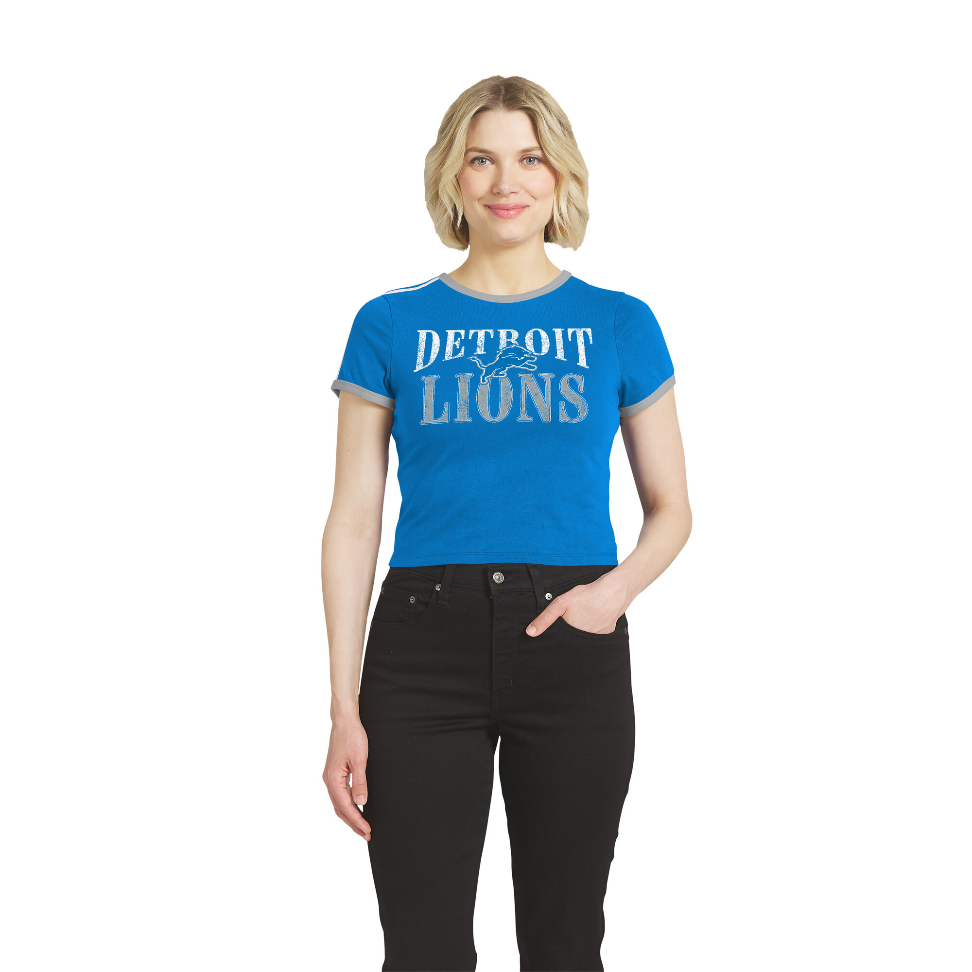 Women's WEAR by Erin Andrews  Blue Detroit Lions Cropped Ringer Baby T-Shirt