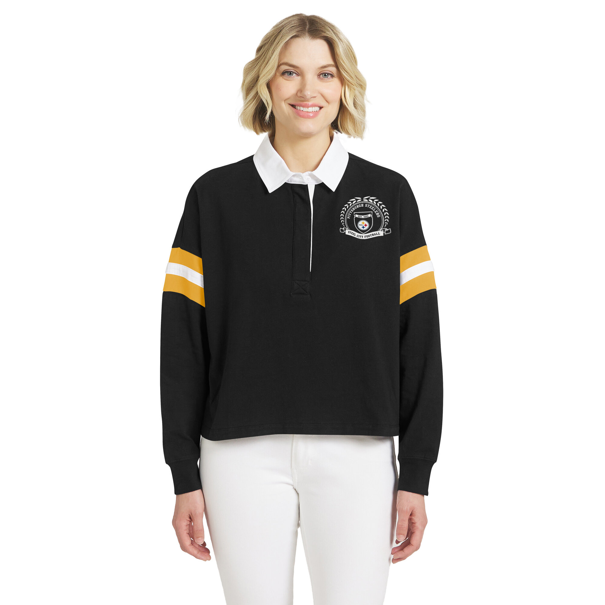 Women's WEAR by Erin Andrews Black Pittsburgh Steelers Rugby Long Sleeve T-Shirt