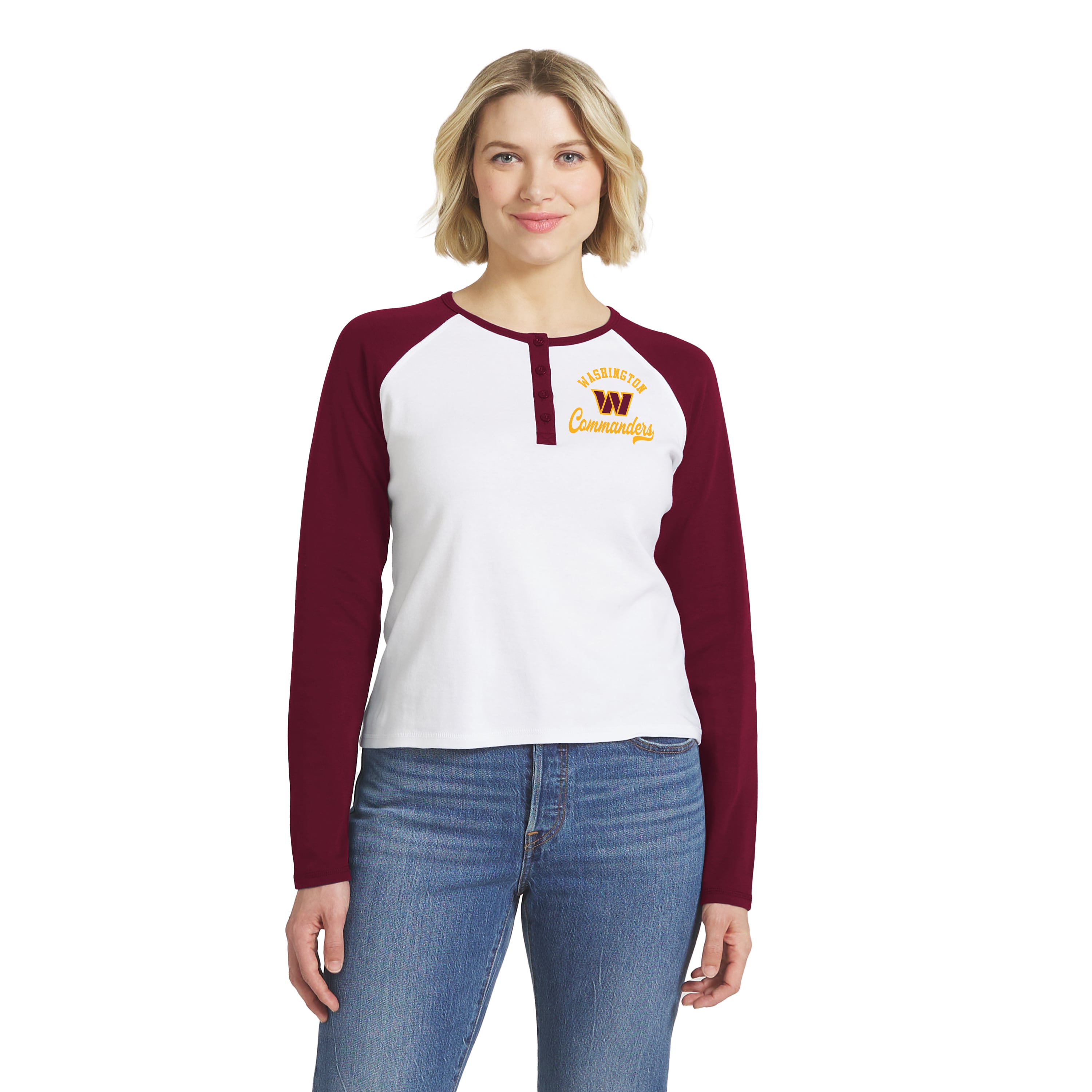 Women's WEAR by Erin Andrews  White/Burgundy Washington Commanders Henley Long Sleeve Raglan T-Shirt