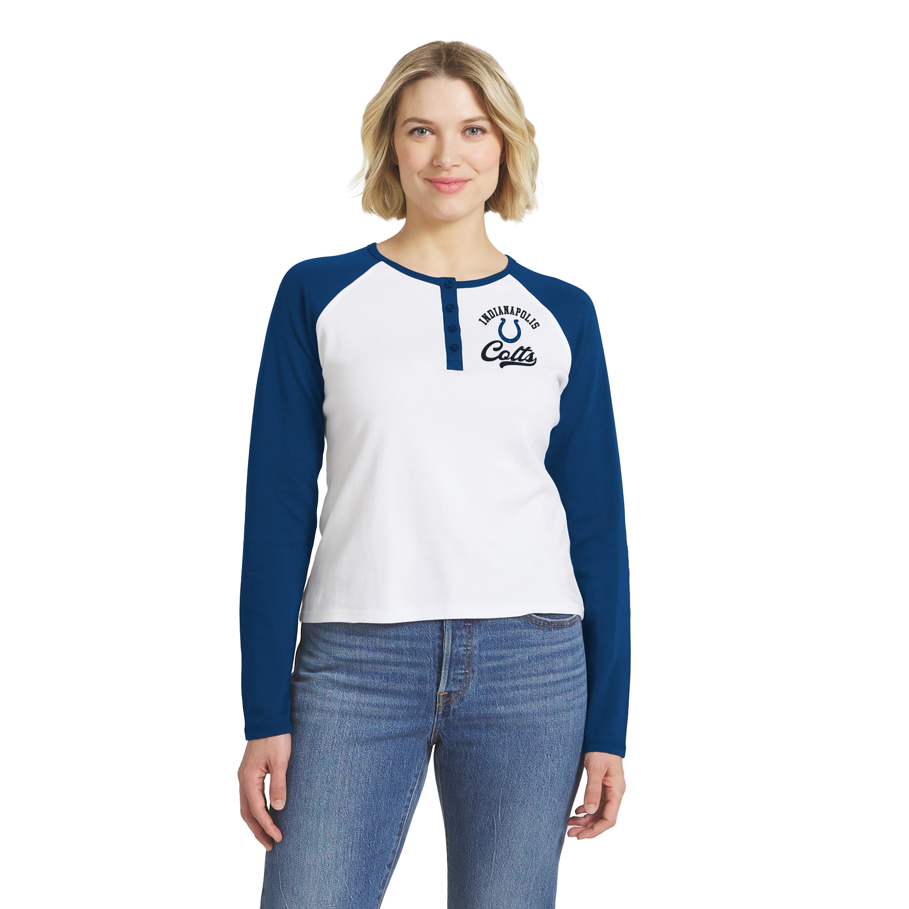 Women's WEAR by Erin Andrews  White/Royal Indianapolis Colts Henley Long Sleeve Raglan T-Shirt