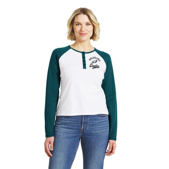 Women's WEAR by Erin Andrews  White/Midnight Green Philadelphia Eagles Henley Long Sleeve Raglan T-Shirt