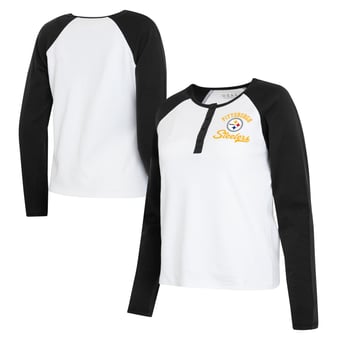 Women's WEAR by Erin Andrews  White/Black Pittsburgh Steelers Henley Long Sleeve Raglan T-Shirt