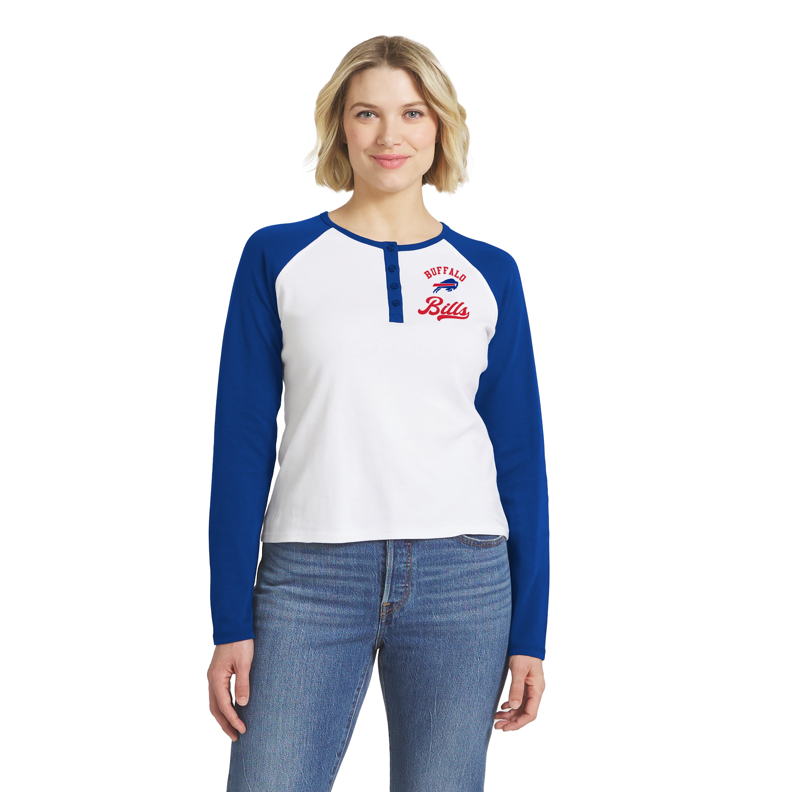 Women's WEAR by Erin Andrews  White/Royal Buffalo Bills Henley Long Sleeve Raglan T-Shirt