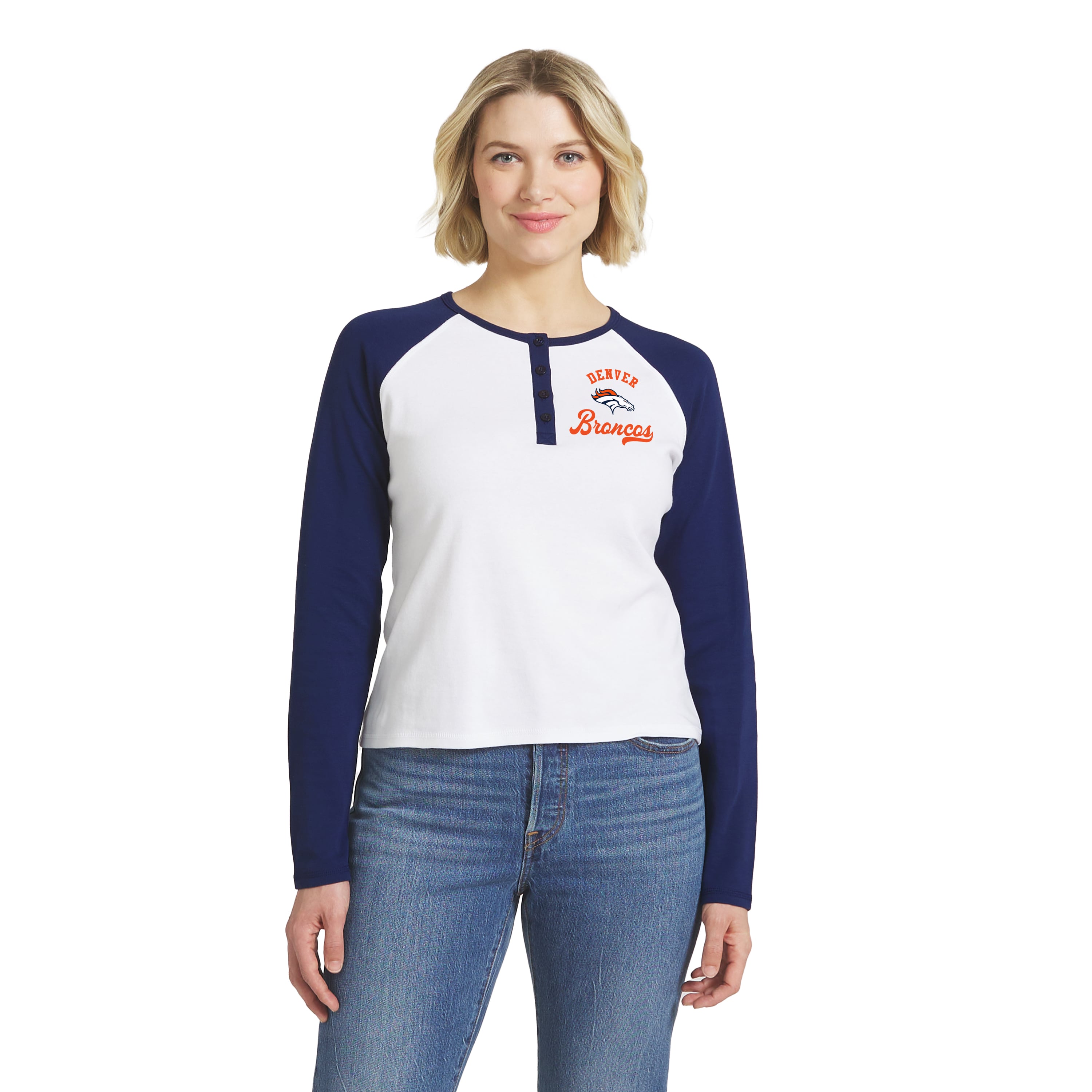 Women's WEAR by Erin Andrews  White/Navy Denver Broncos Henley Long Sleeve Raglan T-Shirt