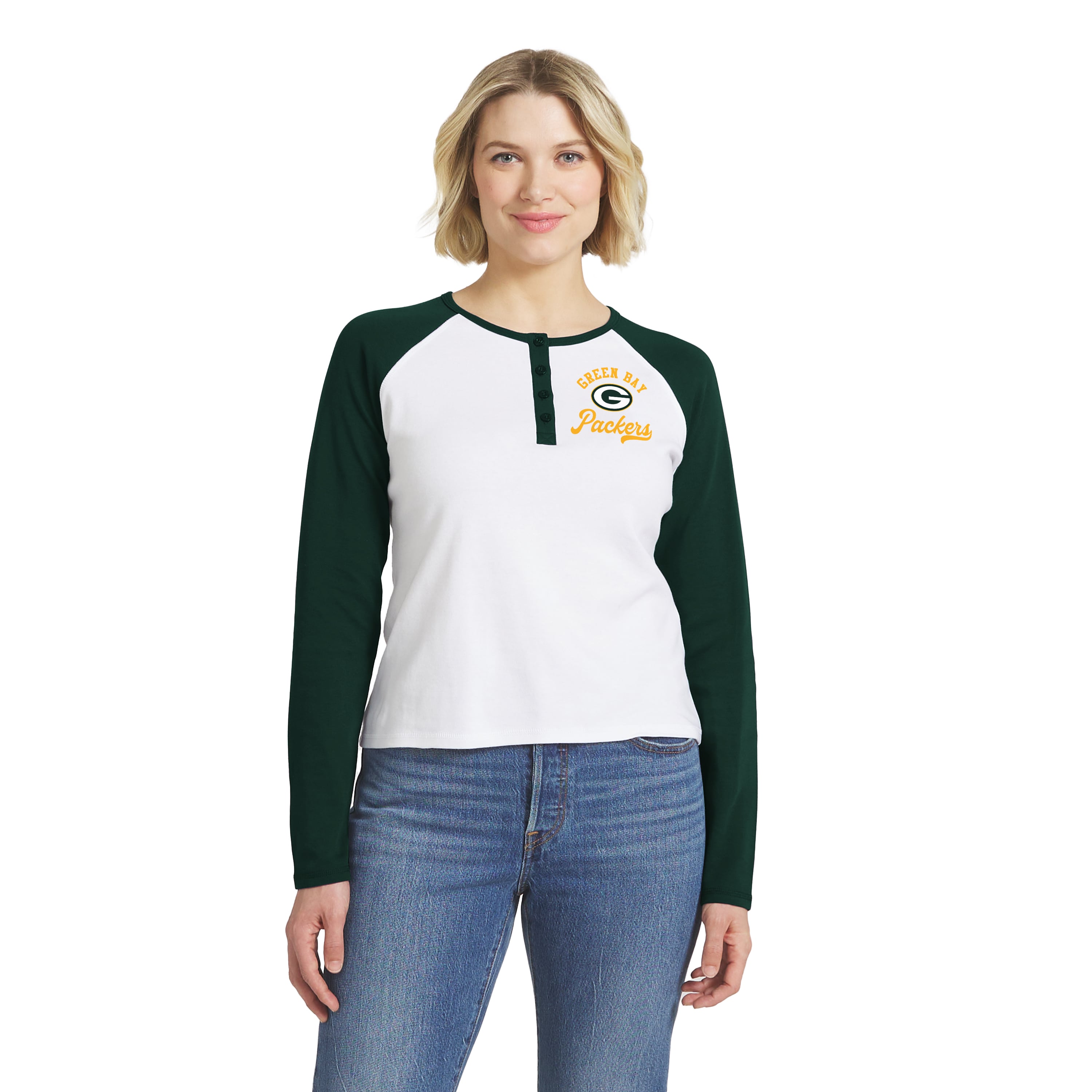 Women's WEAR by Erin Andrews  White/Green Green Bay Packers Henley Long Sleeve Raglan T-Shirt