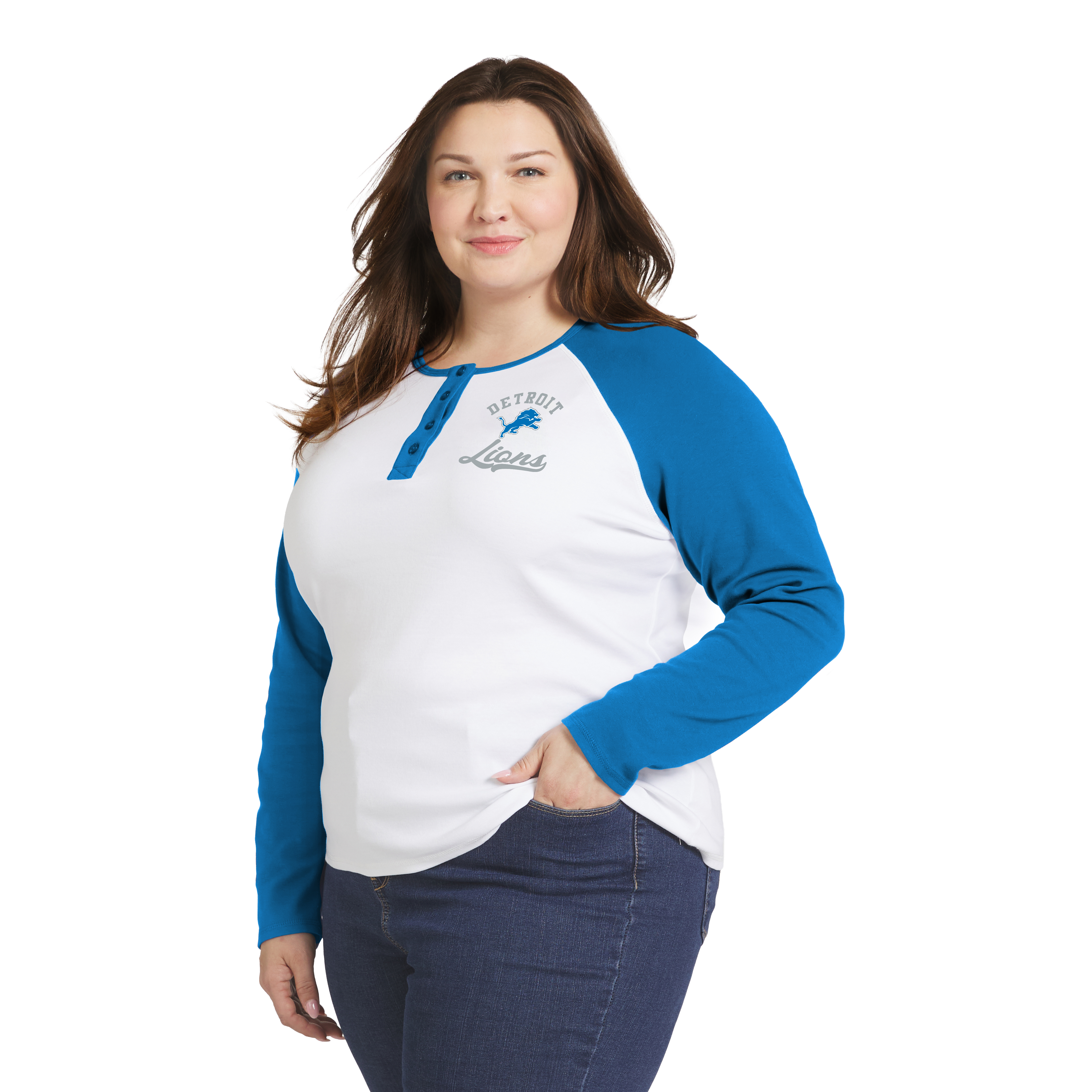 Women's WEAR by Erin Andrews  White/Blue Detroit Lions Plus Size Henley Long Sleeve Raglan T-Shirt
