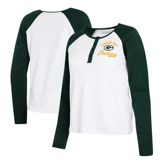 Women's WEAR by Erin Andrews  White/Green Green Bay Packers Plus Size Henley Long Sleeve Raglan T-Shirt