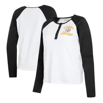 Women's WEAR by Erin Andrews  White/Black Pittsburgh Steelers Plus Size Henley Long Sleeve Raglan T-Shirt