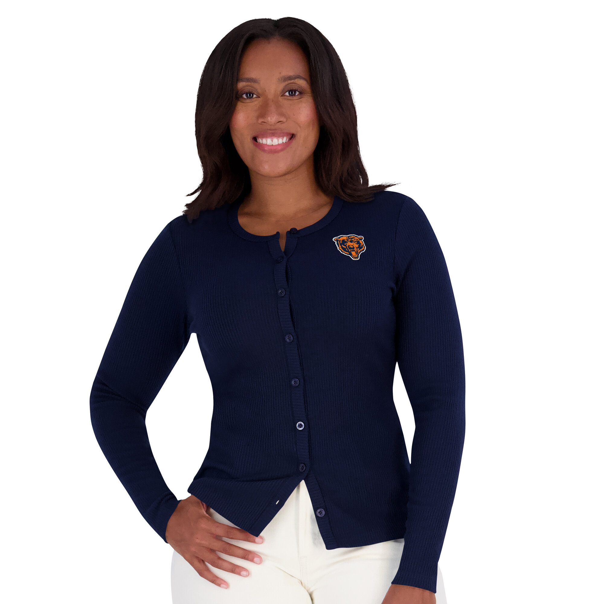 Women's WEAR by Erin Andrews Navy Chicago Bears Ribbed Full-Button Cardigan Sweater
