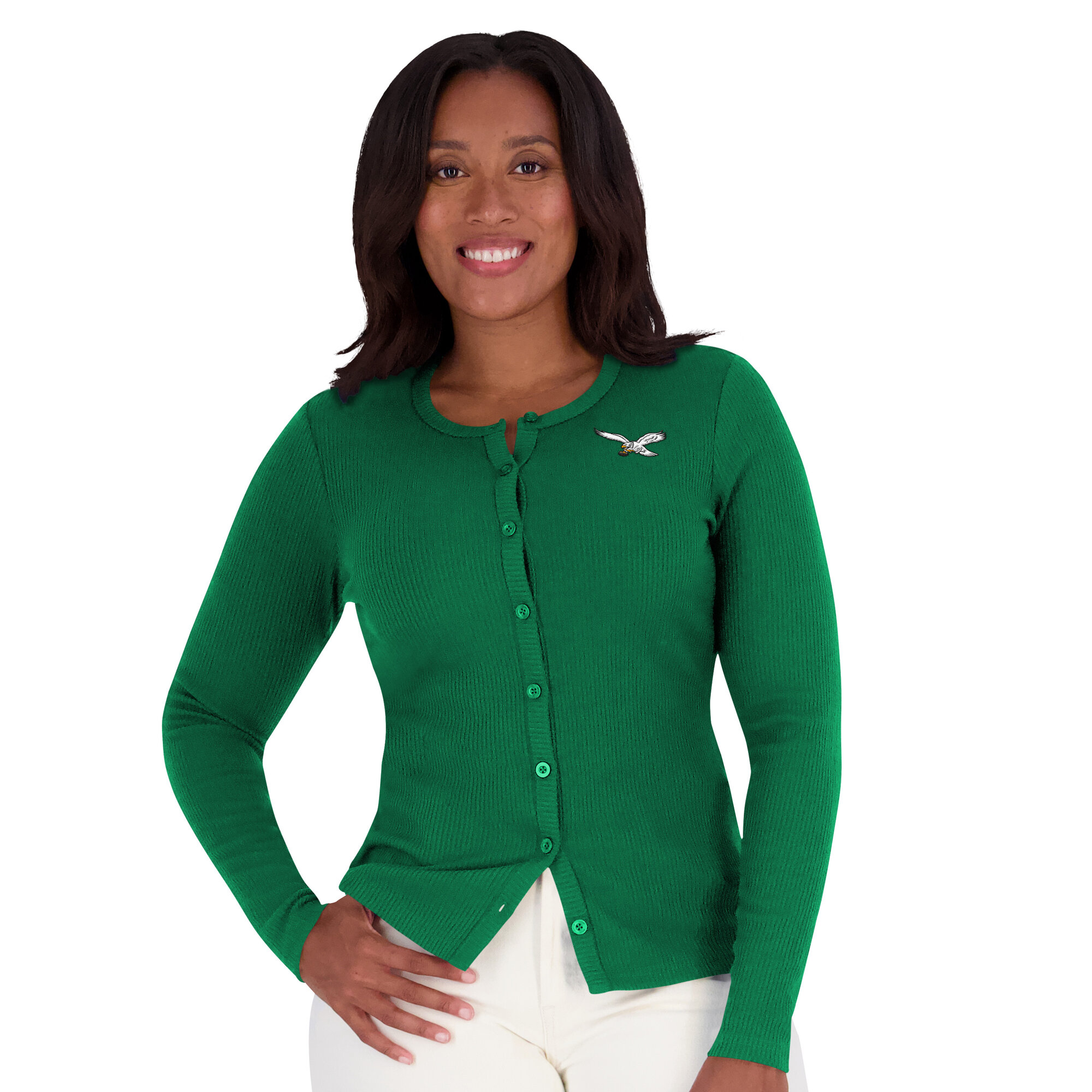 Women's WEAR by Erin Andrews Kelly Green Philadelphia Eagles Ribbed Full-Button Cardigan Sweater