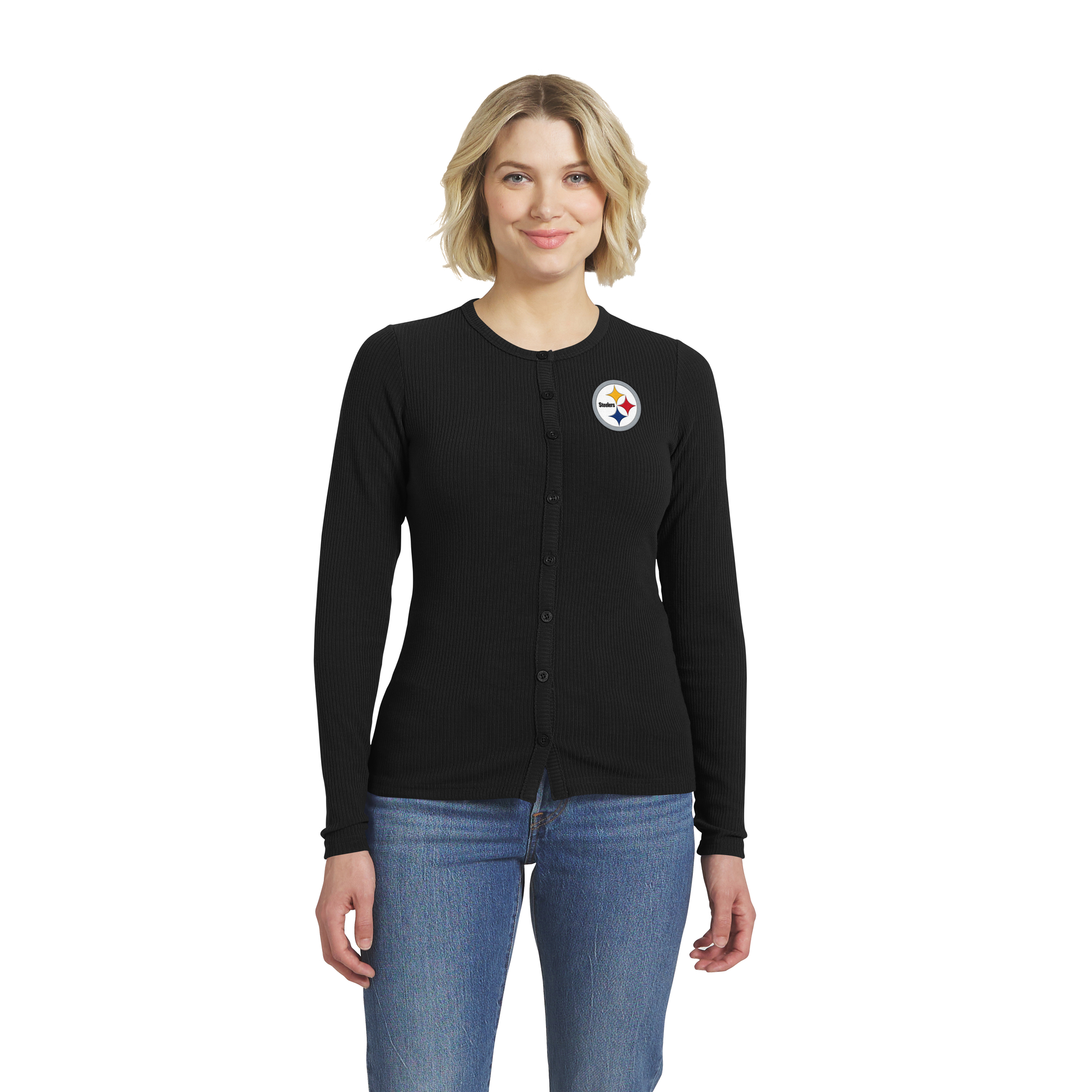Women's WEAR by Erin Andrews  Black Pittsburgh Steelers Ribbed Full-Button Cardigan Sweater