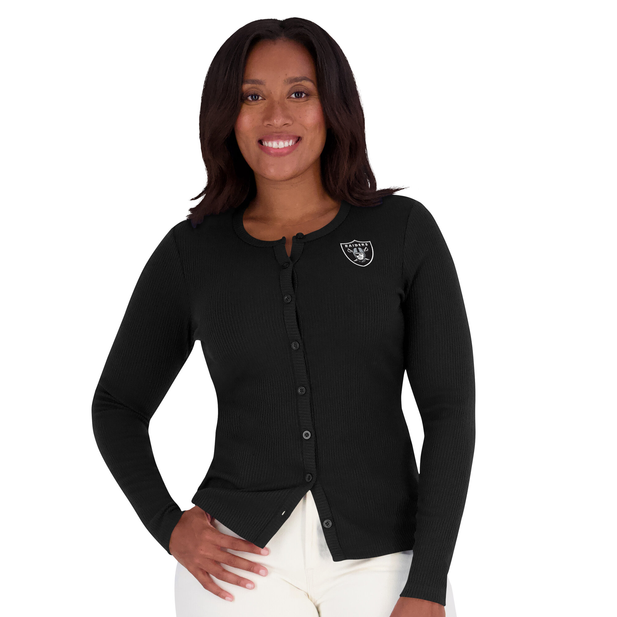 Women's WEAR by Erin Andrews Black Las Vegas Raiders Ribbed Full-Button Cardigan Sweater