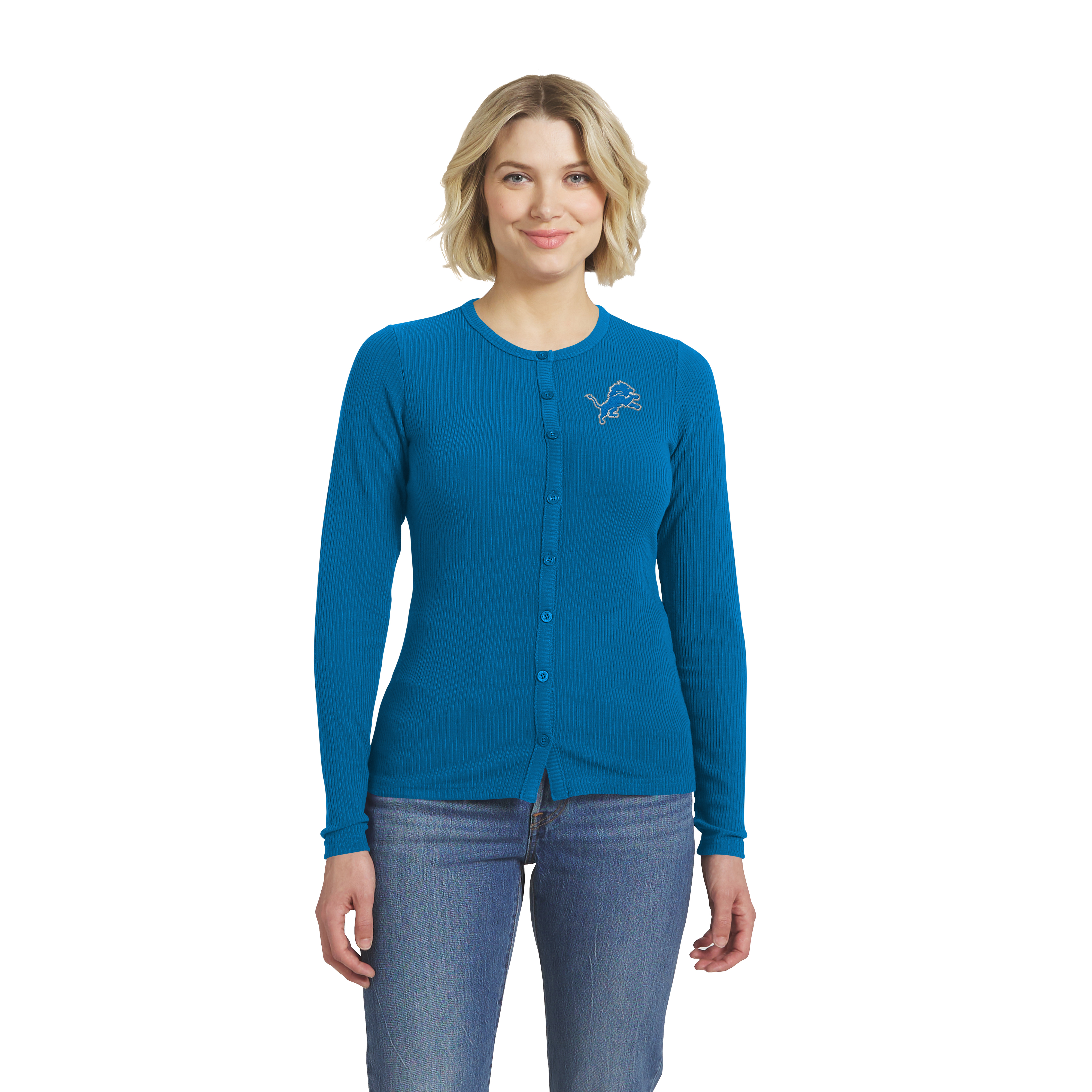Women's WEAR by Erin Andrews  Blue Detroit Lions Ribbed Full-Button Cardigan Sweater