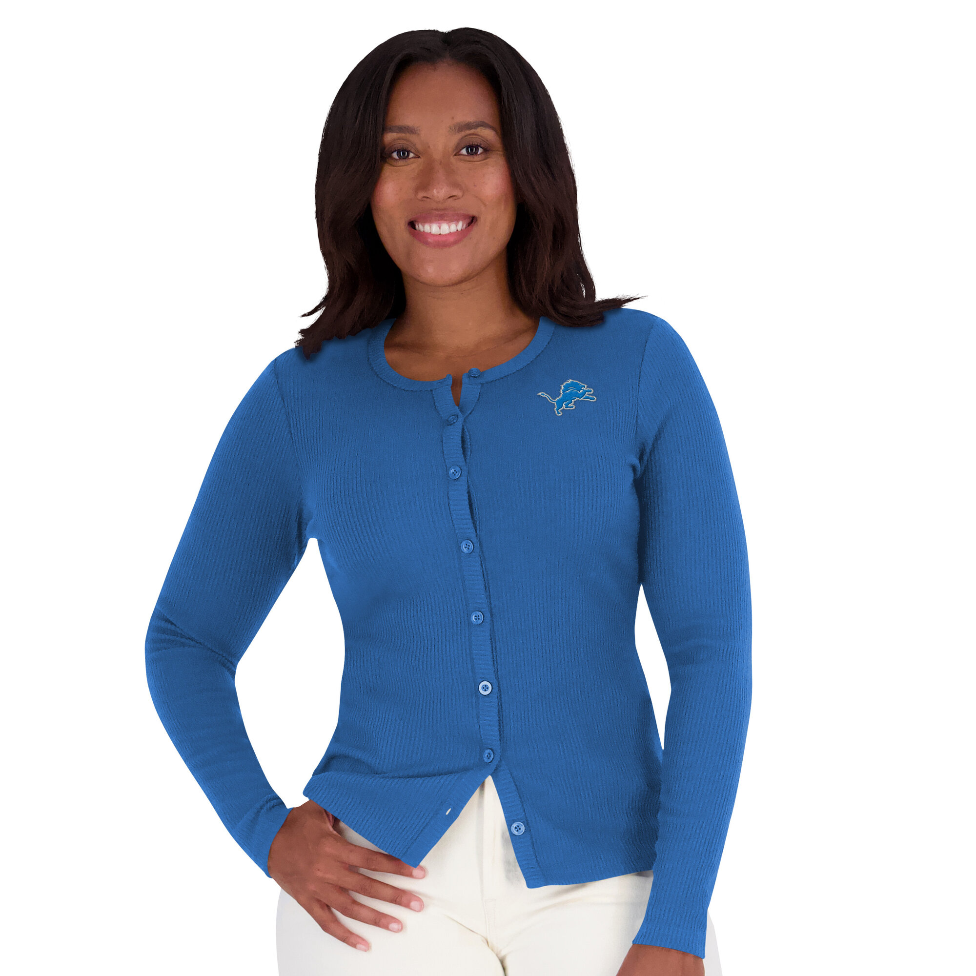 Women's WEAR by Erin Andrews  Blue Detroit Lions Ribbed Full-Button Cardigan Sweater