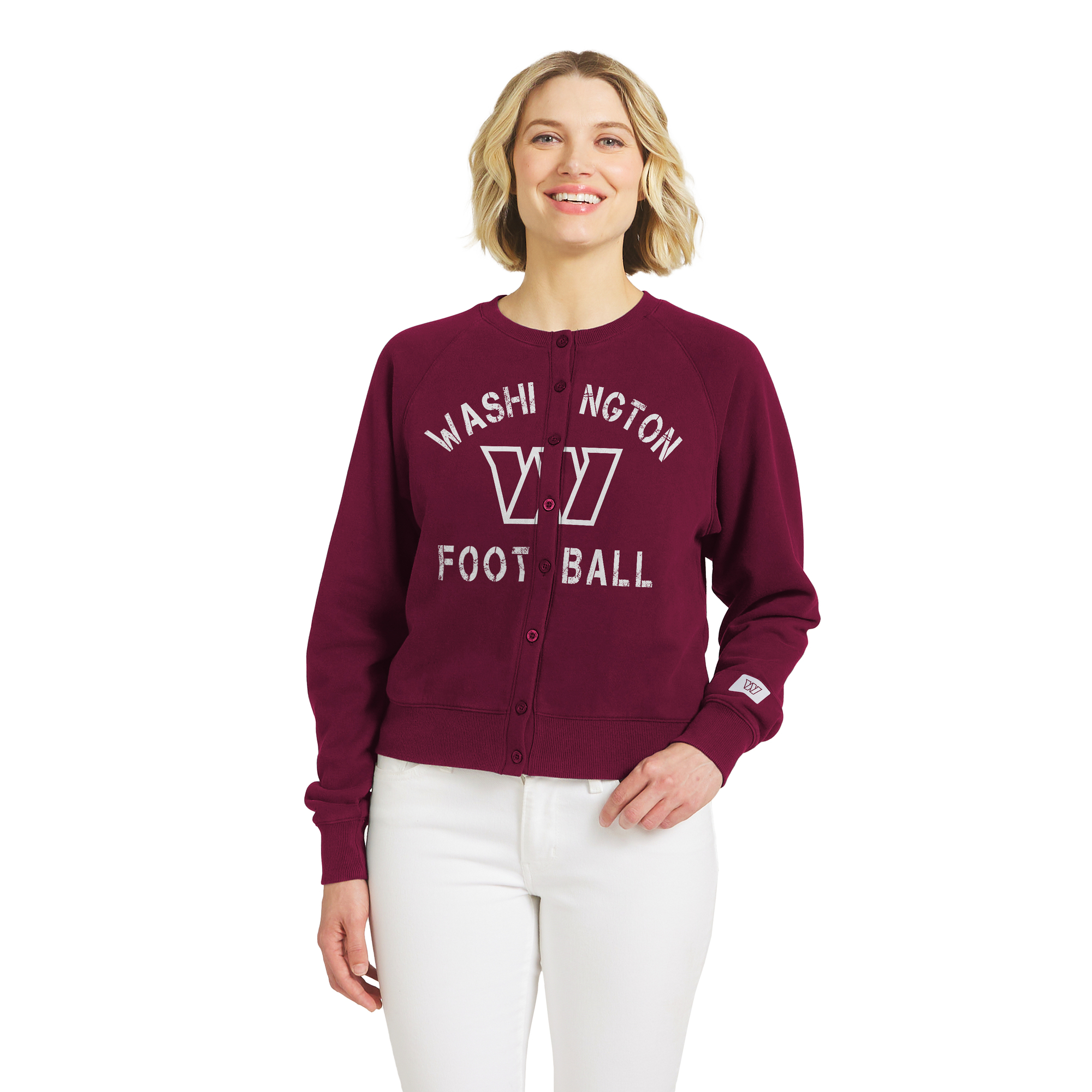 Women's WEAR by Erin Andrews Burgundy Washington Commanders Heathered Crew Full-Button Cardigan