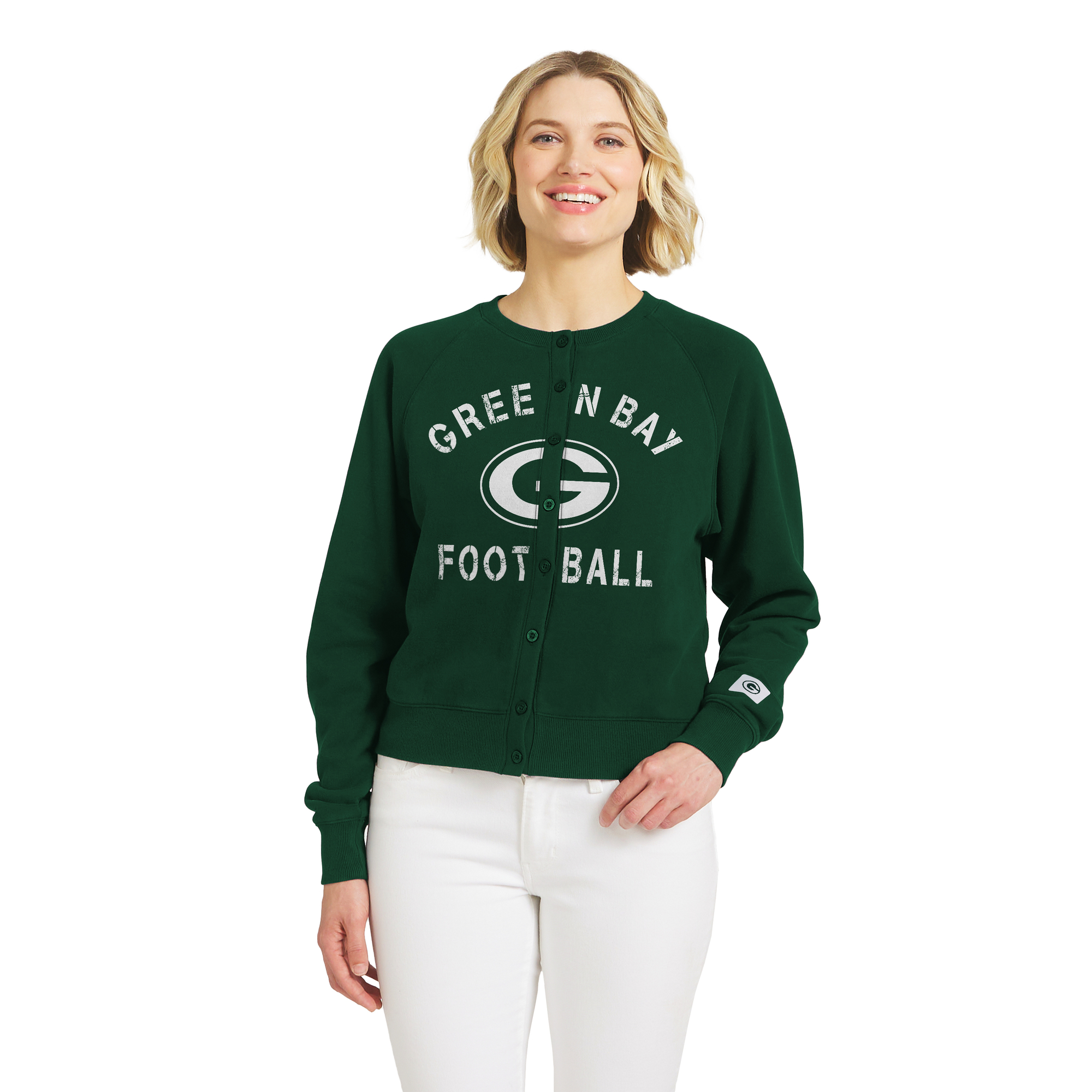 Women's WEAR by Erin Andrews Green Green Bay Packers Heathered Crew Full-Button Cardigan
