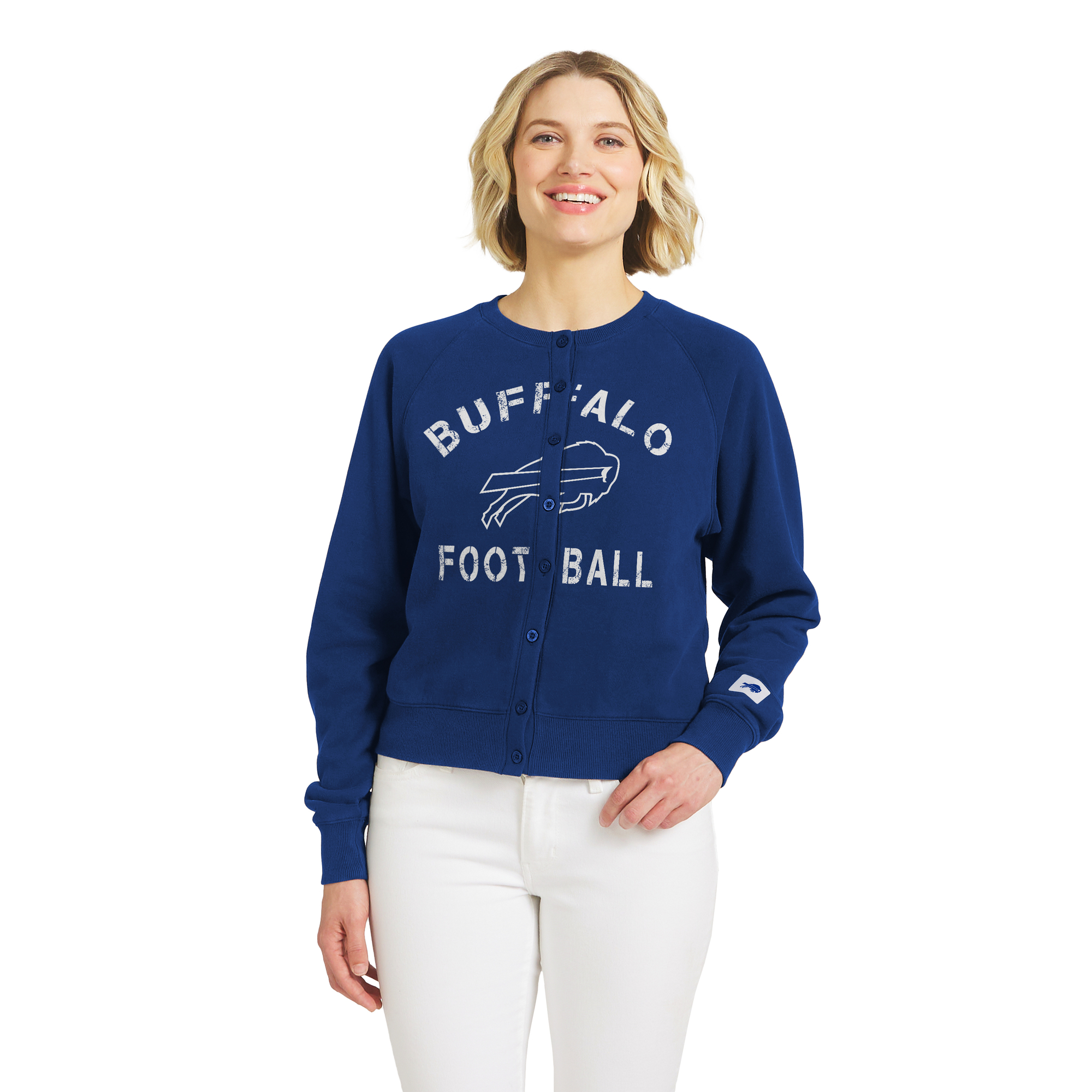 Women's WEAR by Erin Andrews Royal Buffalo Bills Heathered Crew Full-Button Cardigan