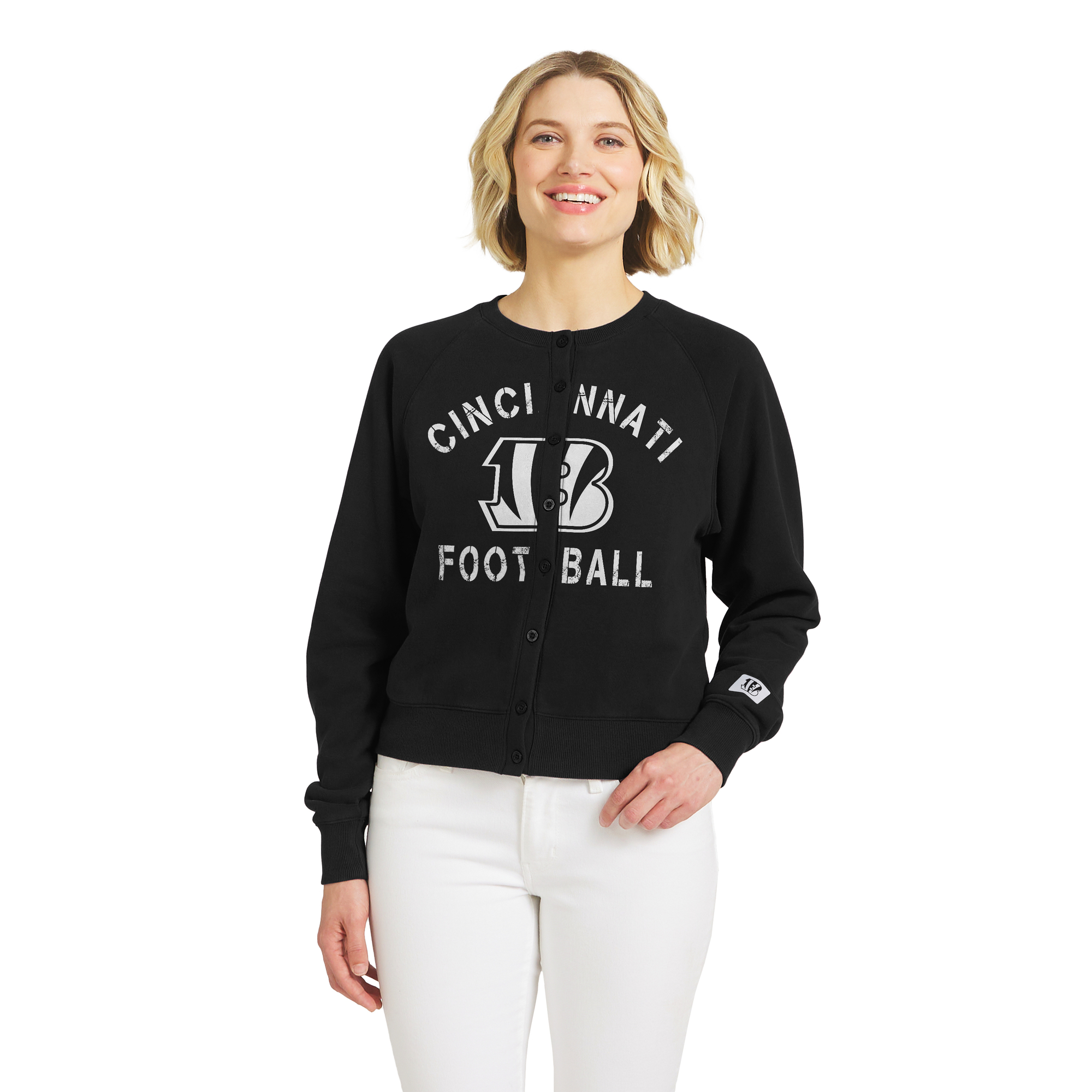 Women's WEAR by Erin Andrews  Black Cincinnati Bengals Heathered Crew Full-Button Cardigan
