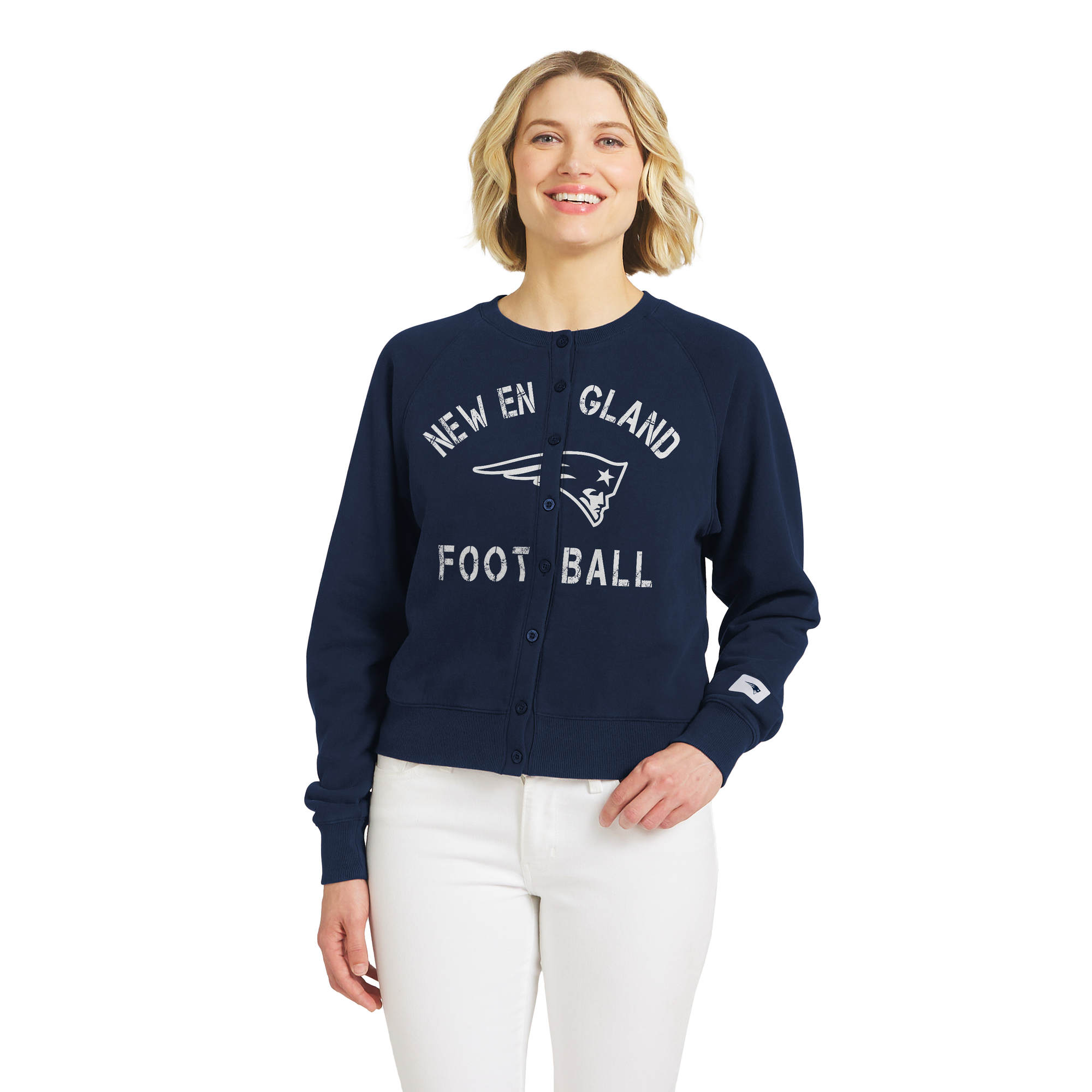 Women's WEAR by Erin Andrews  Navy New England Patriots Heathered Crew Full-Button Cardigan