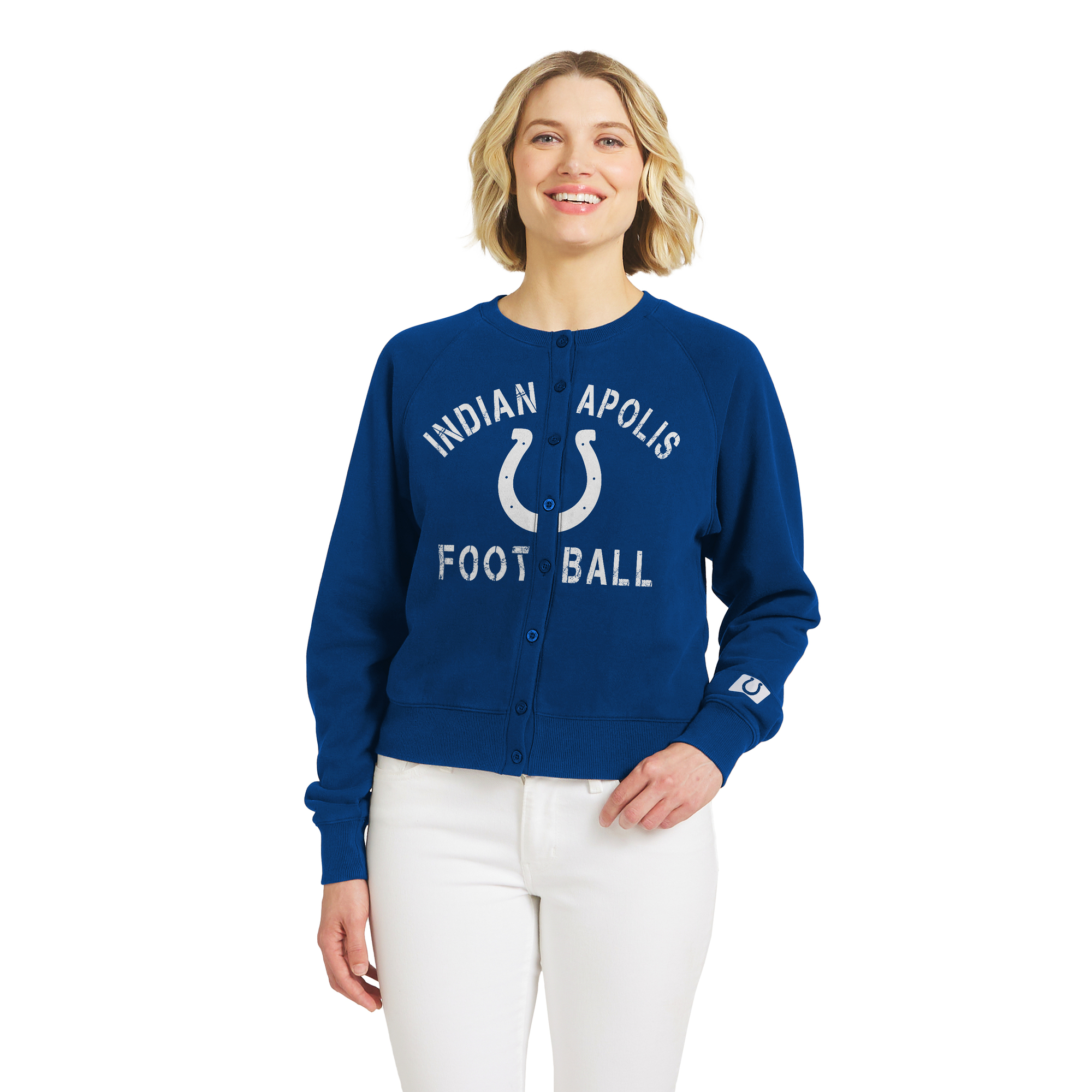 Women's WEAR by Erin Andrews  Royal Indianapolis Colts Heathered Crew Full-Button Cardigan