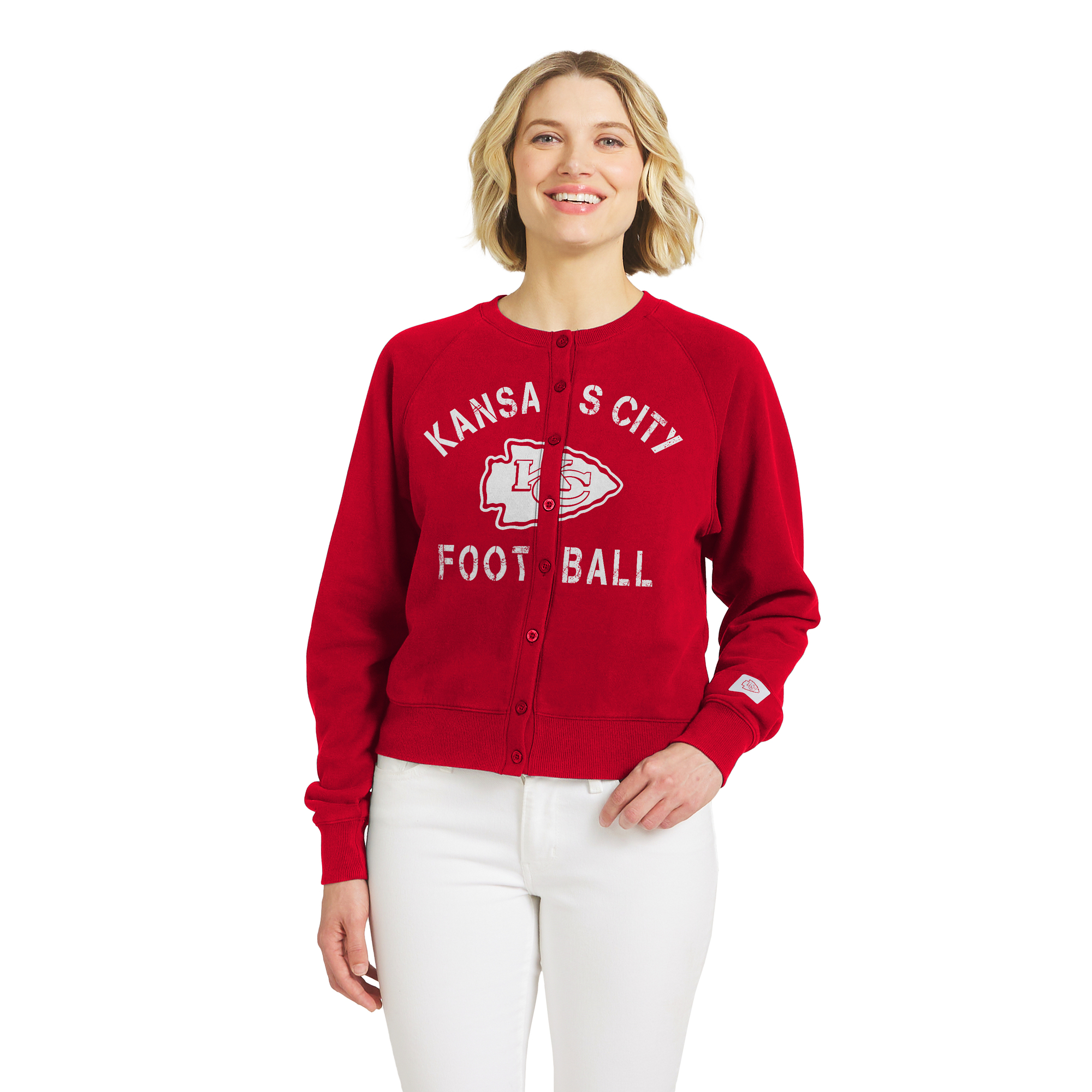 Women's WEAR by Erin Andrews Red Kansas City Chiefs Heathered Crew Full-Button Cardigan