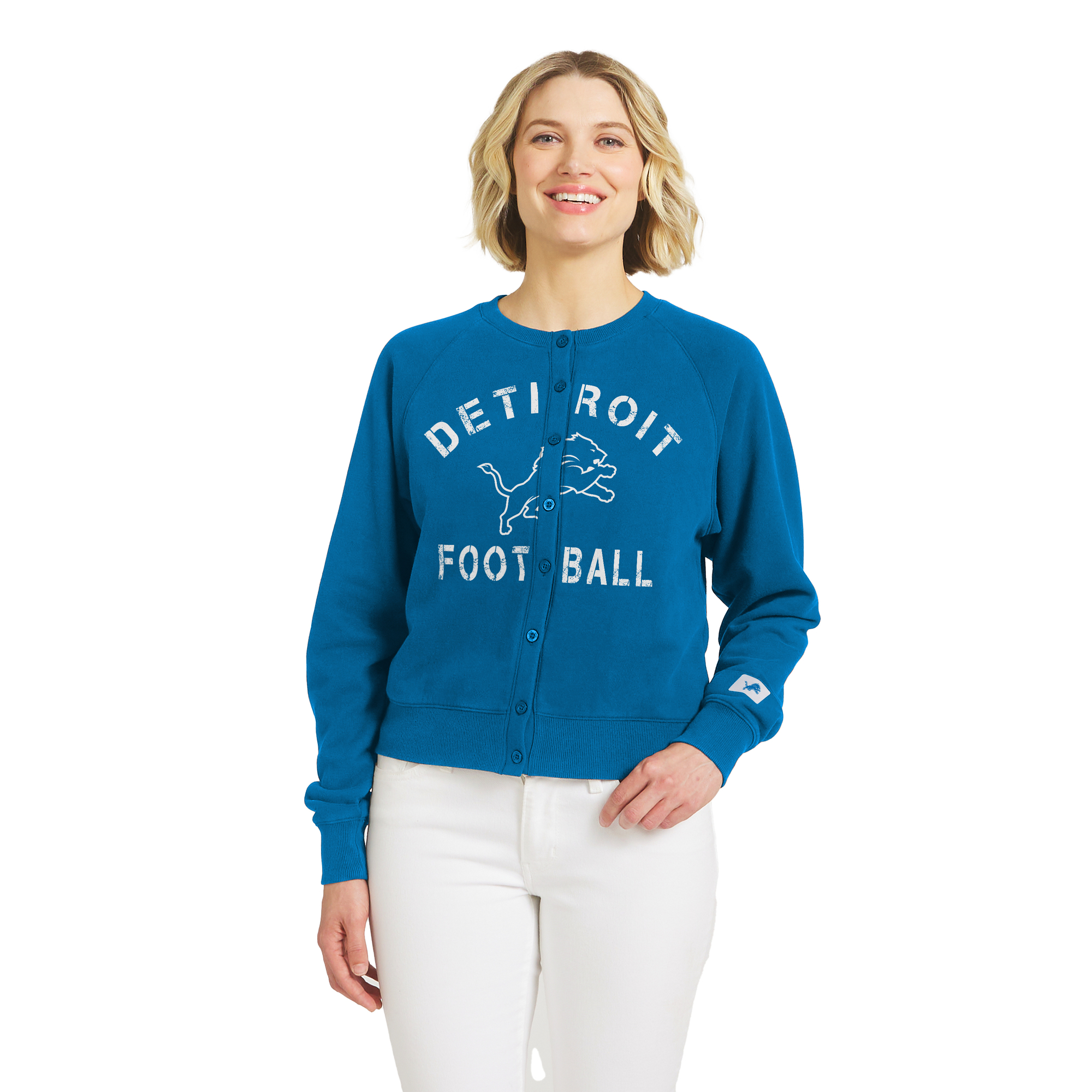 Women's WEAR by Erin Andrews  Blue Detroit Lions Heathered Crew Cardigan Sweater