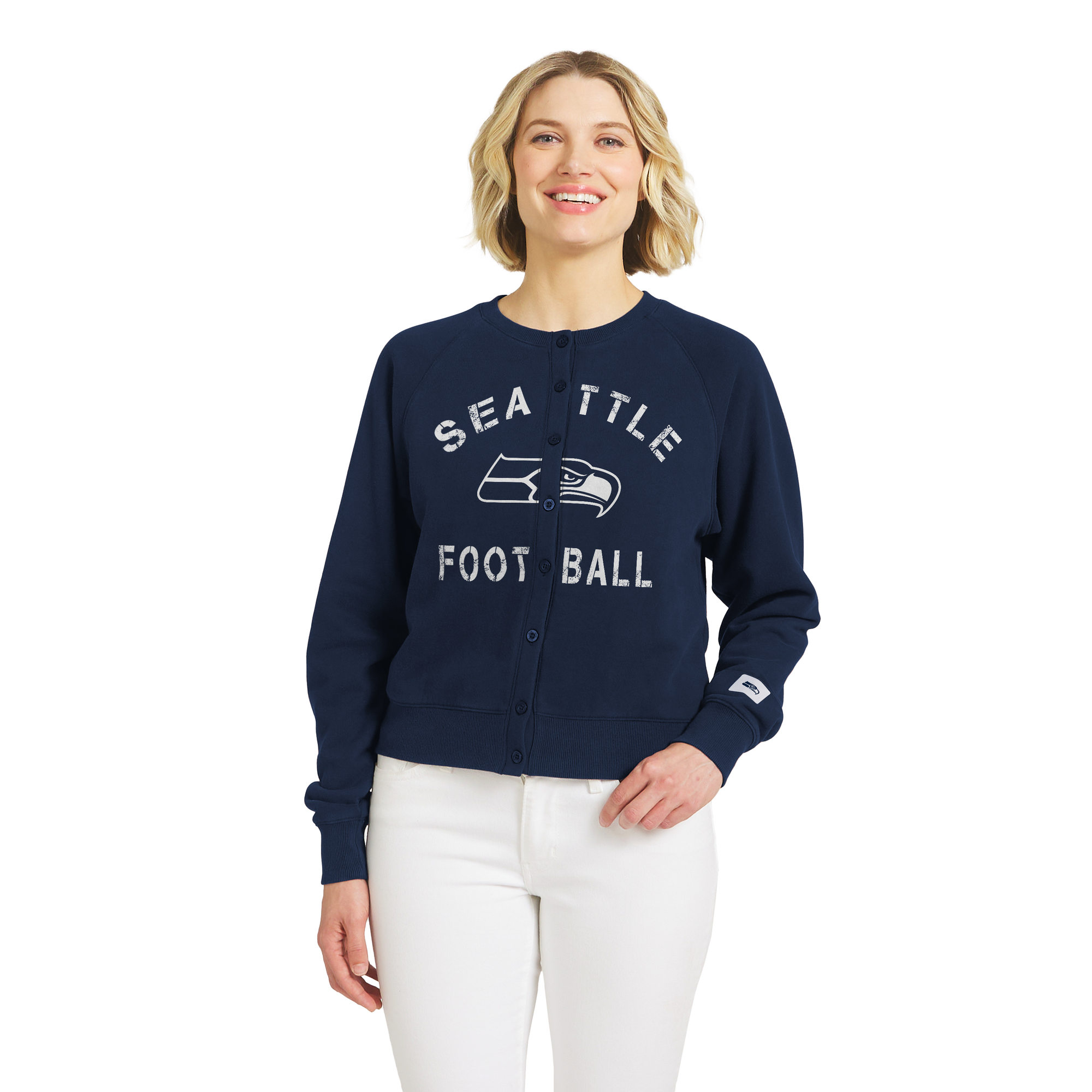 Women's WEAR by Erin Andrews  College Navy Seattle Seahawks Heathered Crew Full-Button Cardigan