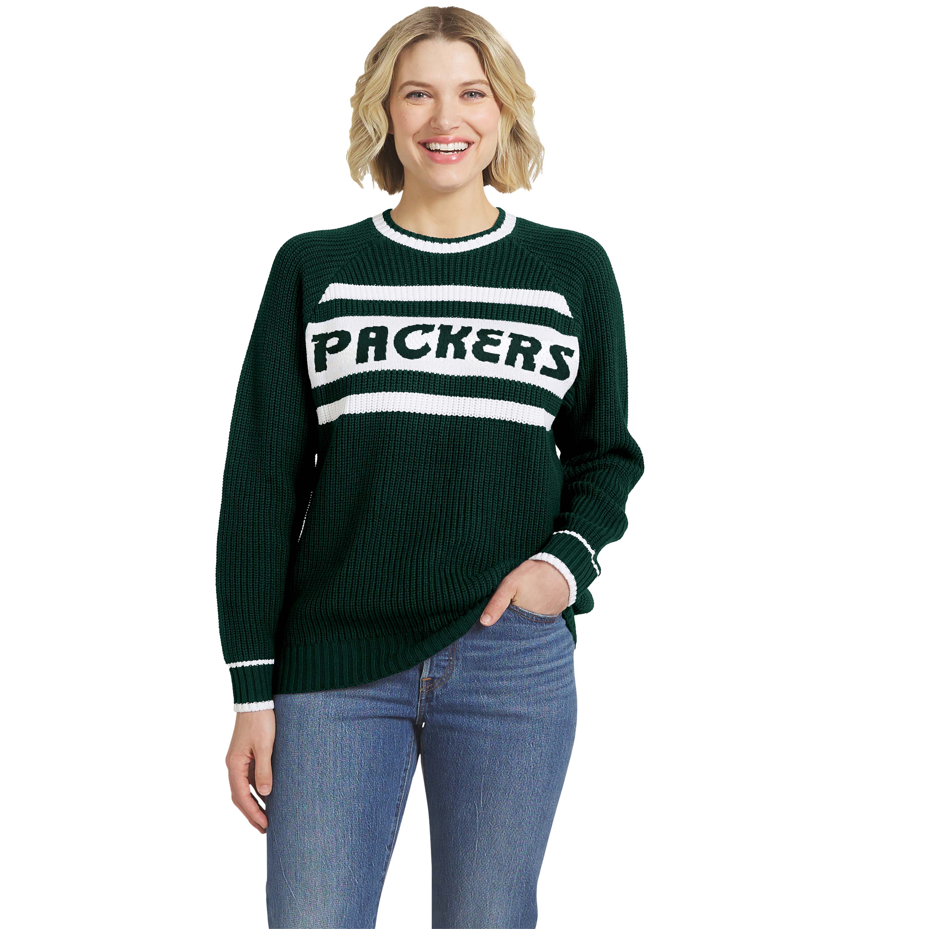 Women's WEAR by Erin Andrews Green Green Bay Packers Raglan Shaker Sweater