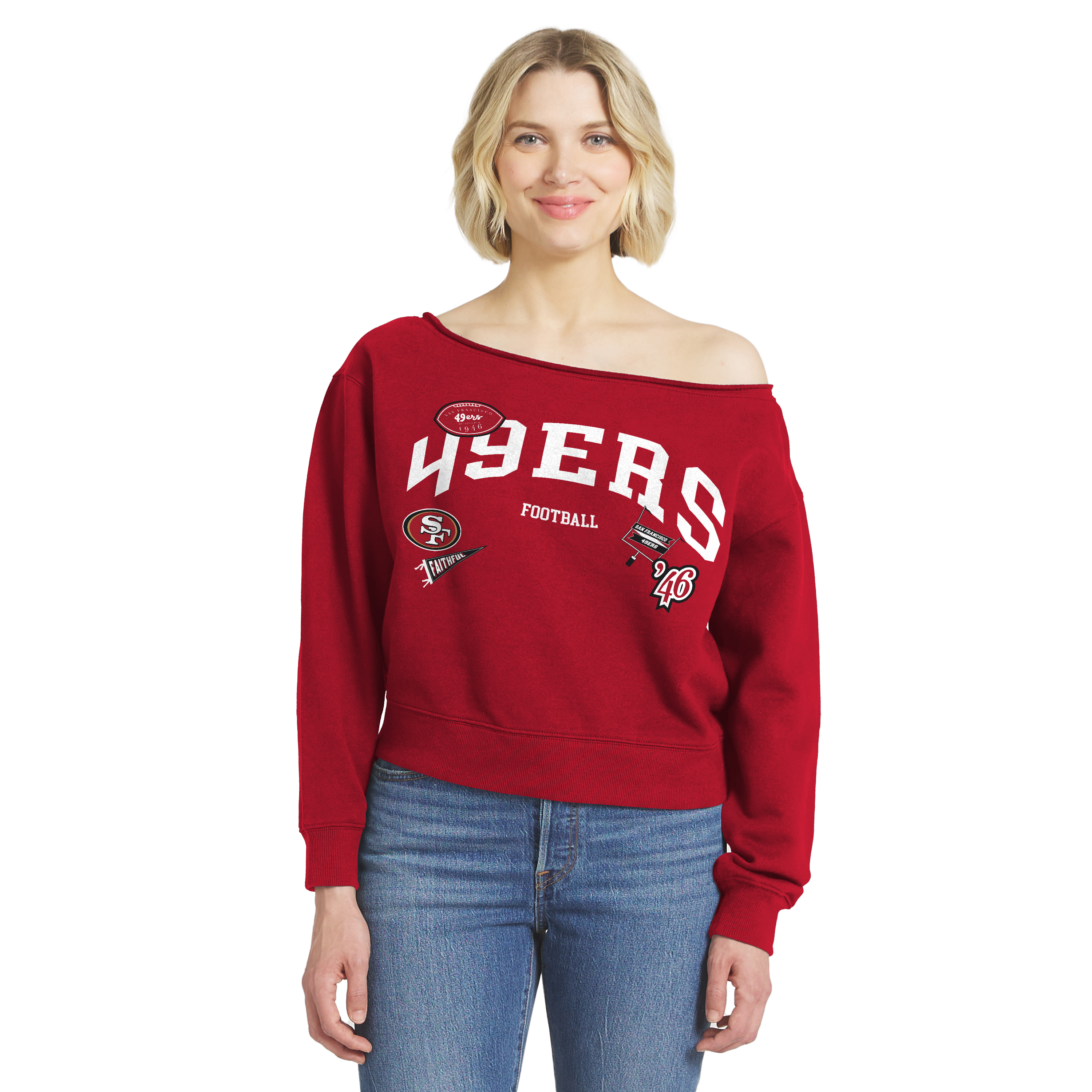 Women's WEAR by Erin Andrews Scarlet San Francisco 49ers Off-the-Shoulder Sweatshirt