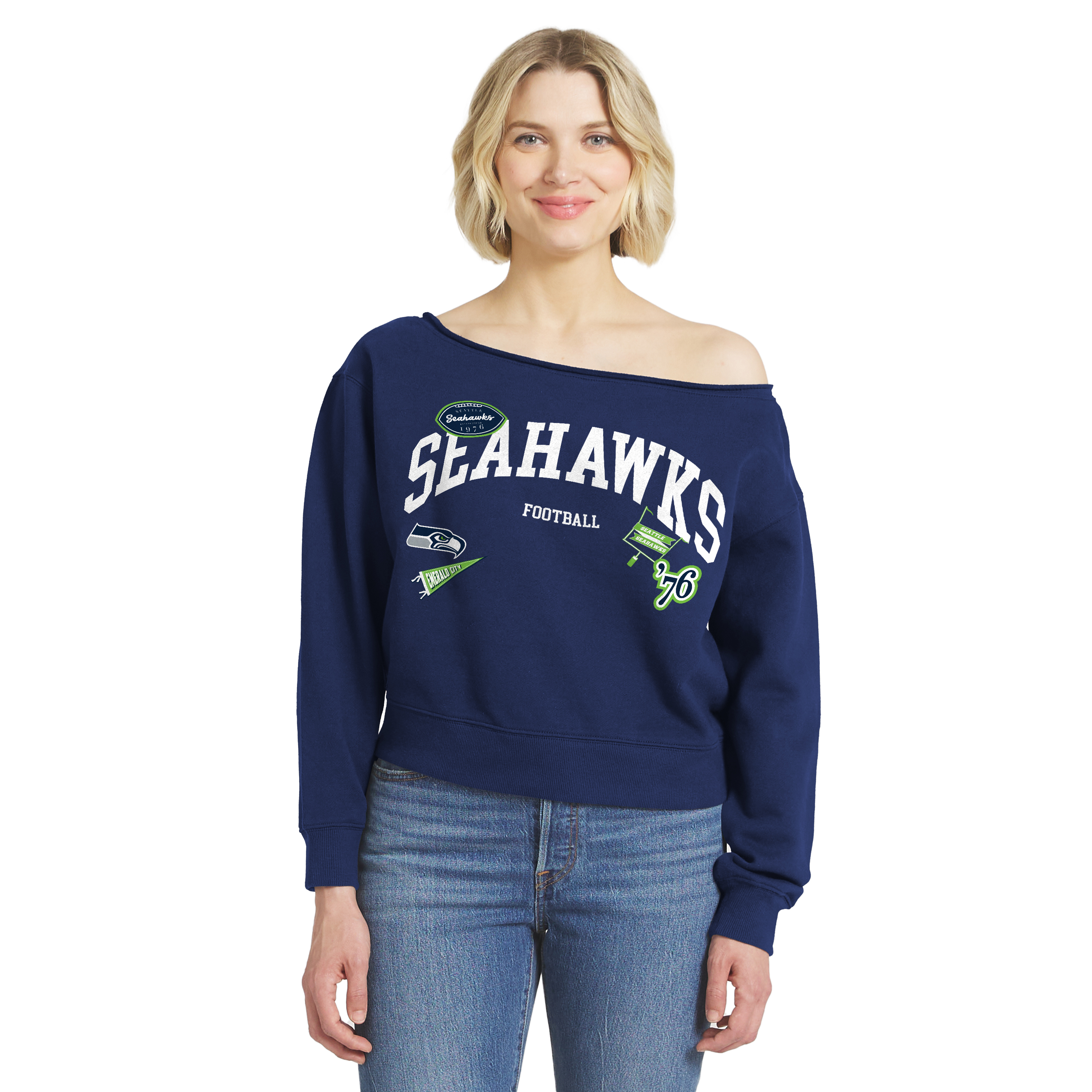 Women's WEAR by Erin Andrews College Navy Seattle Seahawks Off-the-Shoulder Sweatshirt