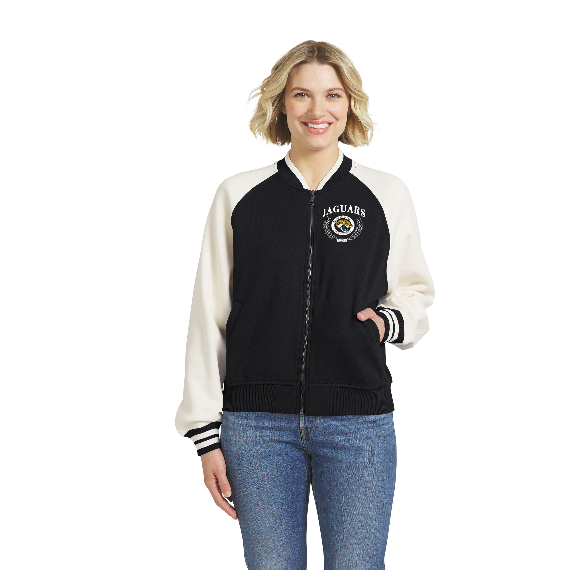 Women's WEAR by Erin Andrews Black Jacksonville Jaguars Throwback Varsity Fleece Raglan Full-Zip Jacket