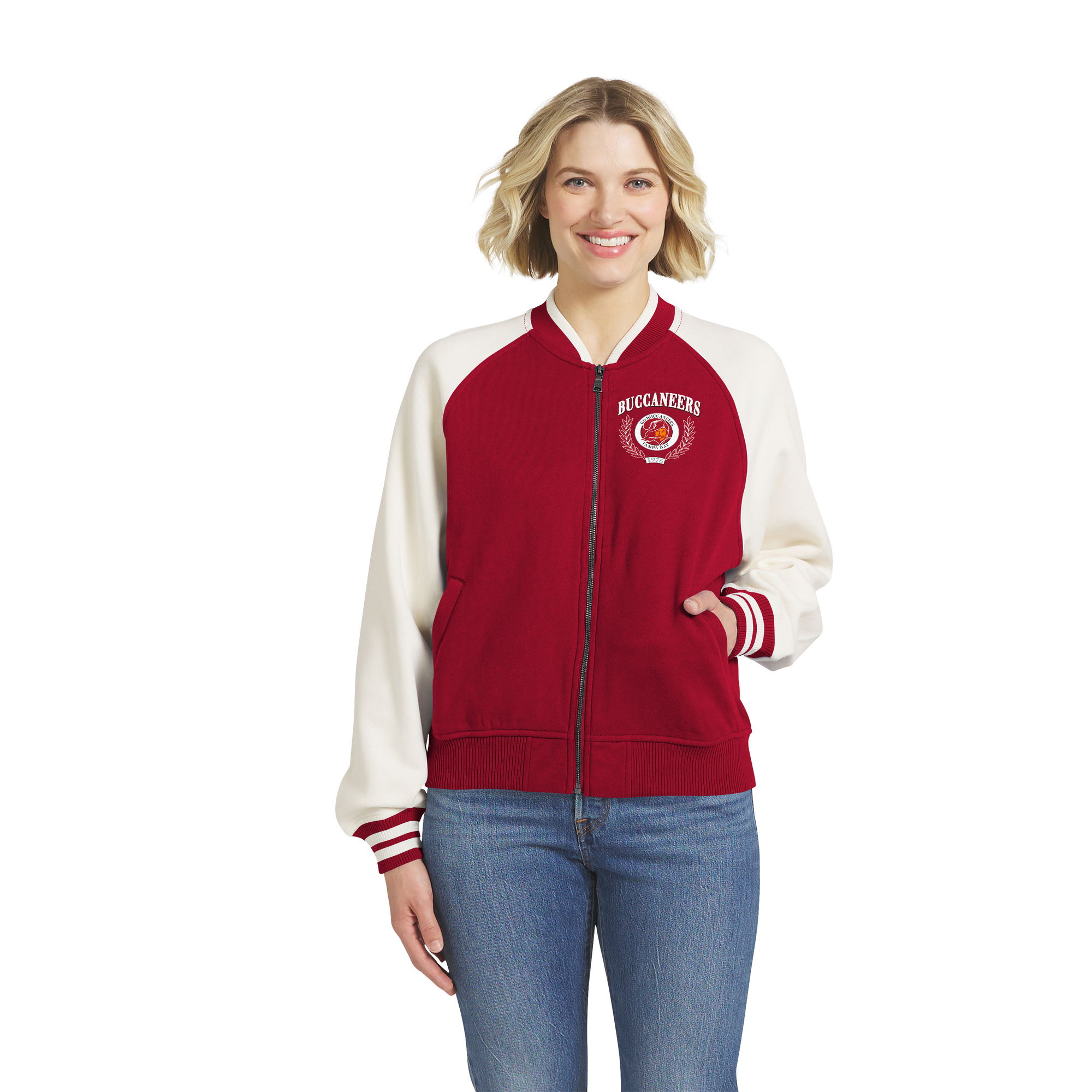 Women's WEAR by Erin Andrews Red Tampa Bay Buccaneers Throwback Varsity Fleece Raglan Full-Zip Jacket