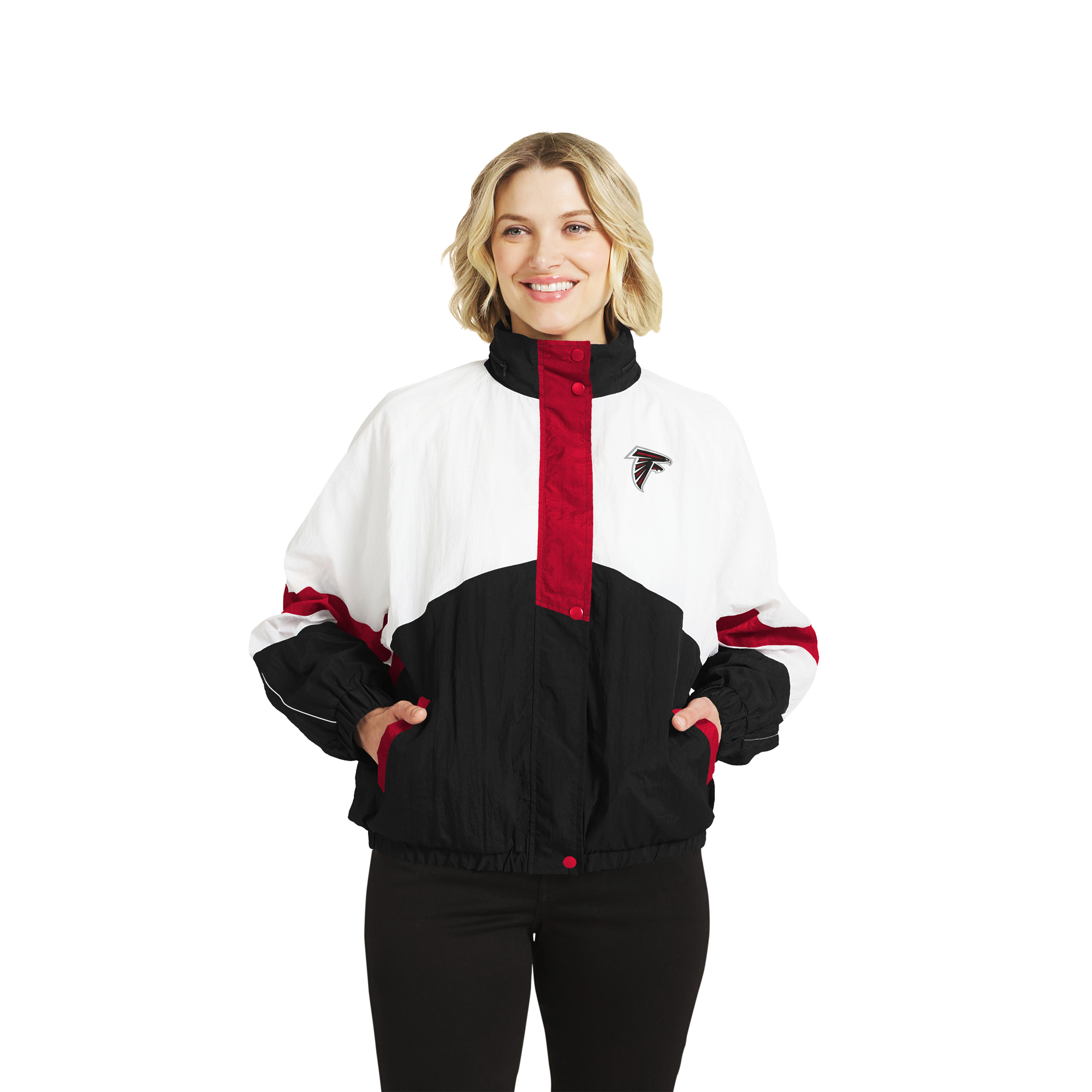 Women's WEAR by Erin Andrews White/Black Atlanta Falcons Crinkle Full-Zip Hooded Windbreaker Jacket