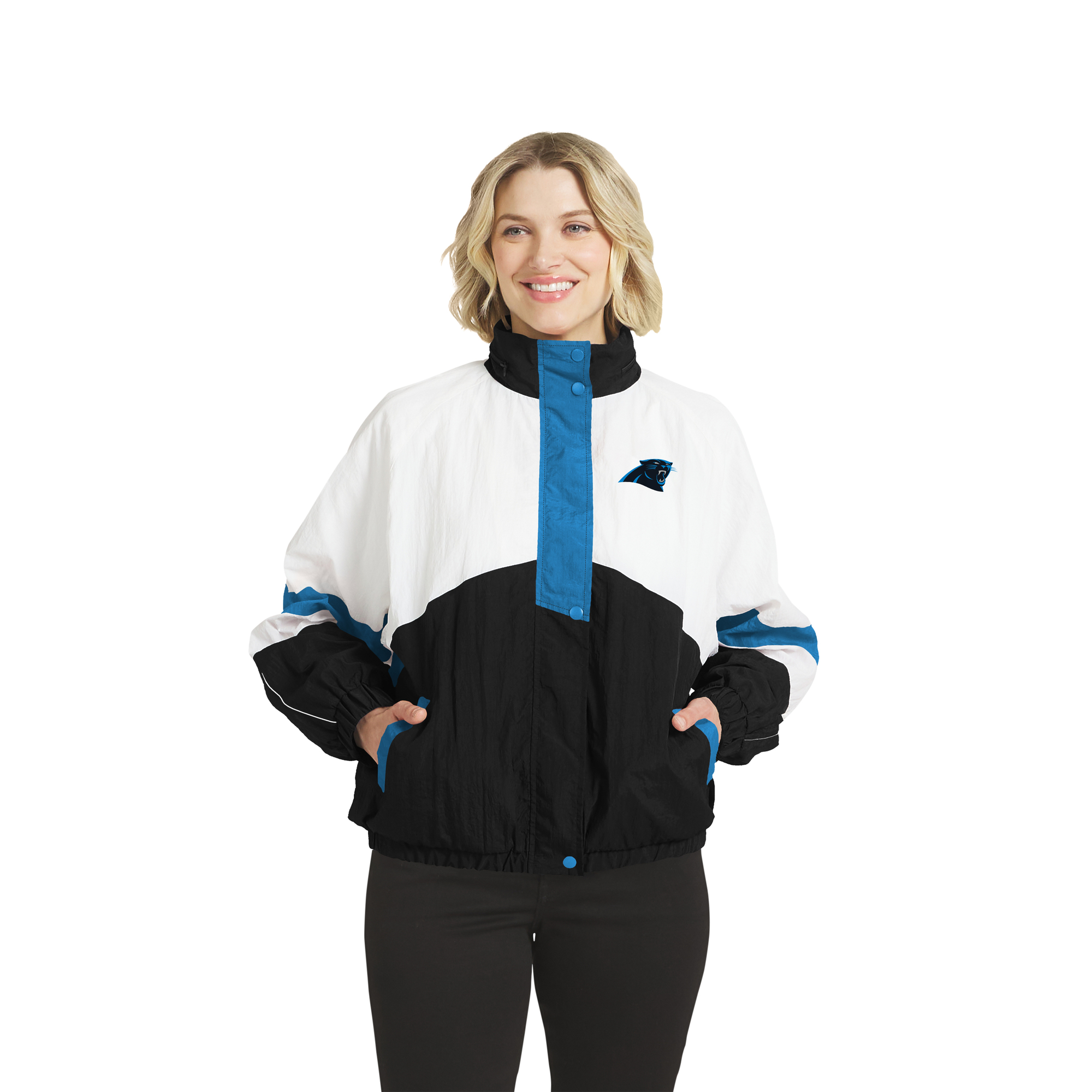 Women's WEAR by Erin Andrews White/Black Carolina Panthers Crinkle Full-Zip Hooded Windbreaker Jacket