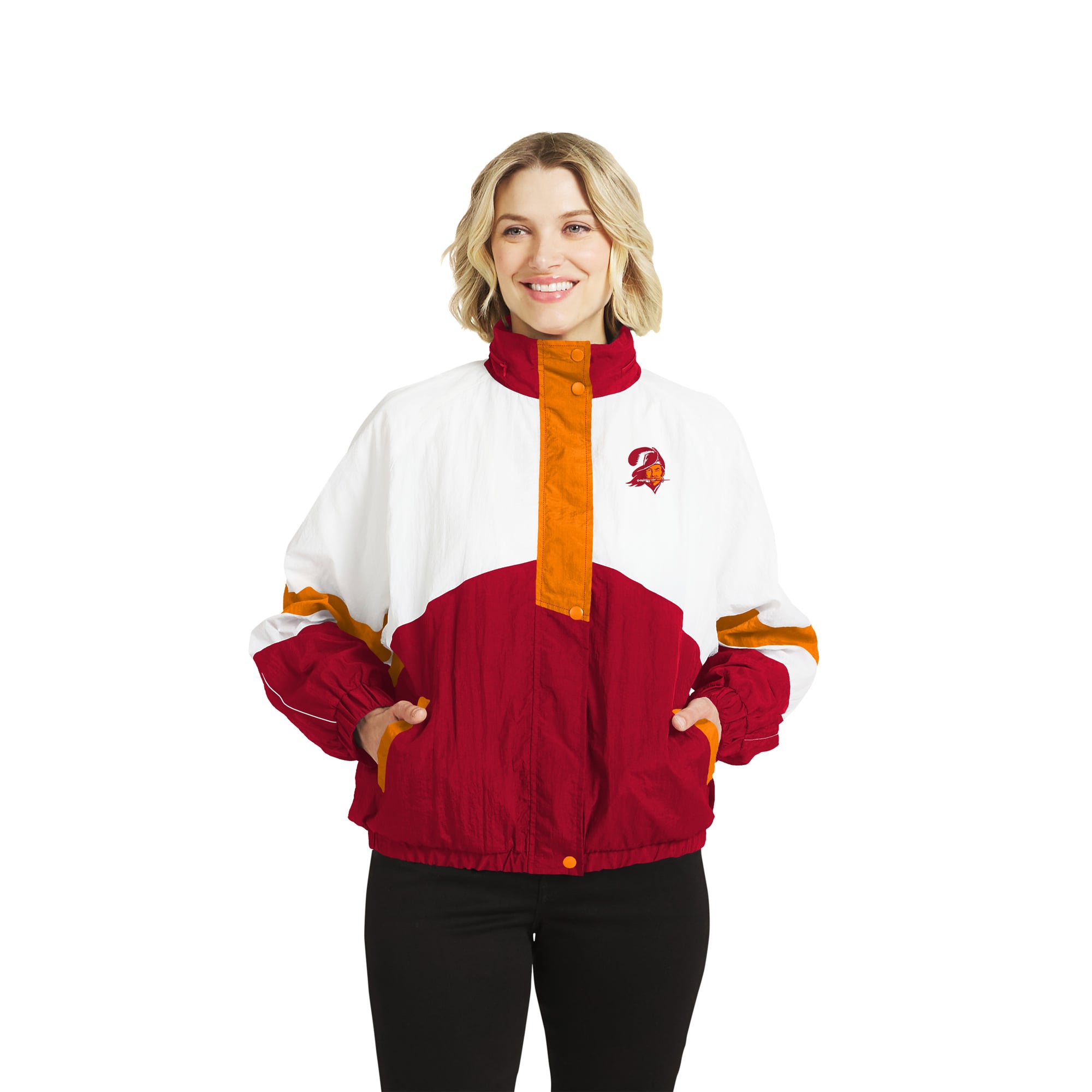 Women's WEAR by Erin Andrews  White/Red Tampa Bay Buccaneers Throwback Crinkle Full-Snap Hooded Windbreaker Jacket