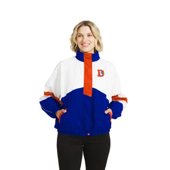 Women's WEAR by Erin Andrews  White/Royal Denver Broncos Throwback Crinkle Full-Zip Hooded Windbreaker Jacket