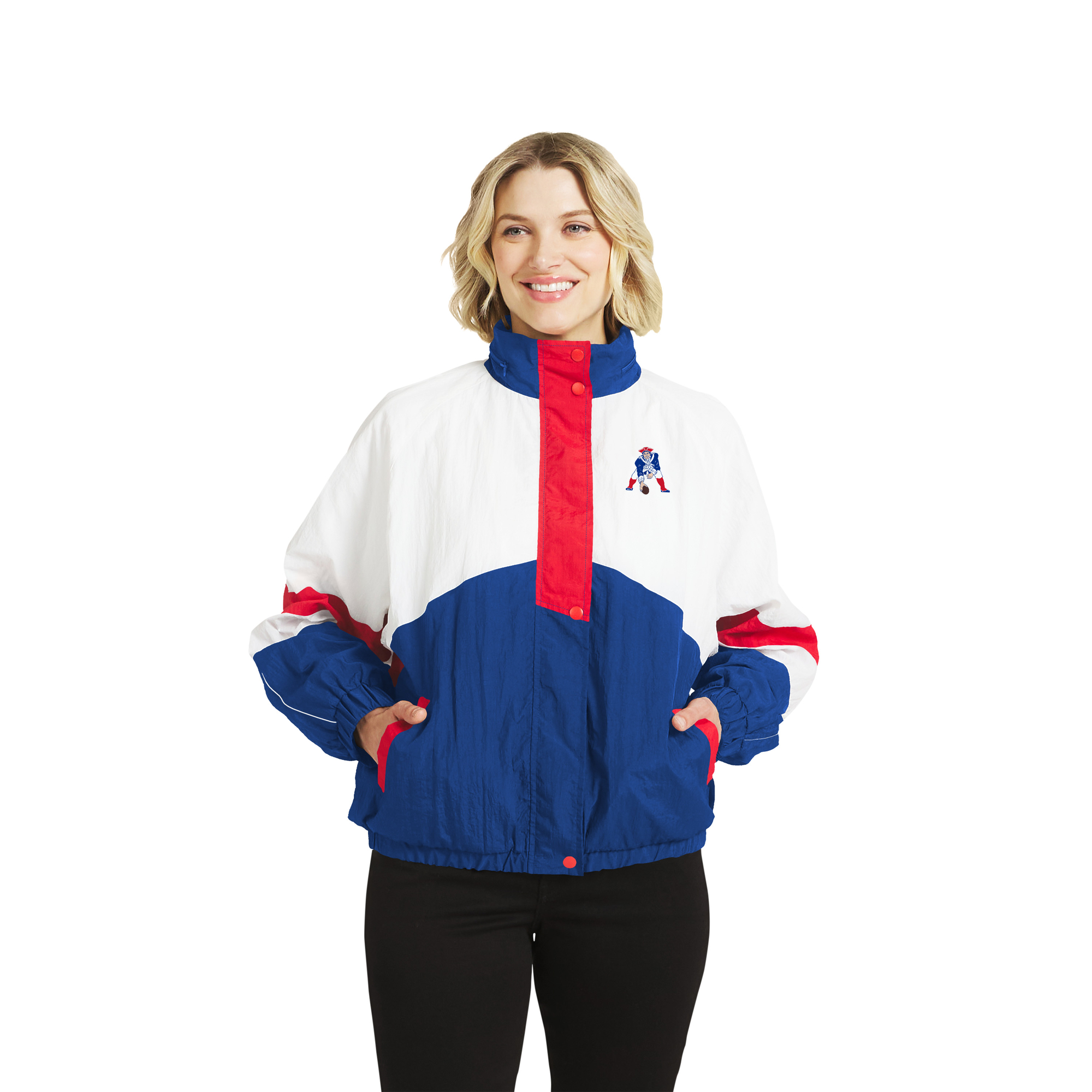 Women's WEAR by Erin Andrews White/Royal New England Patriots Throwback Crinkle Full-Zip Hooded Windbreaker Jacket