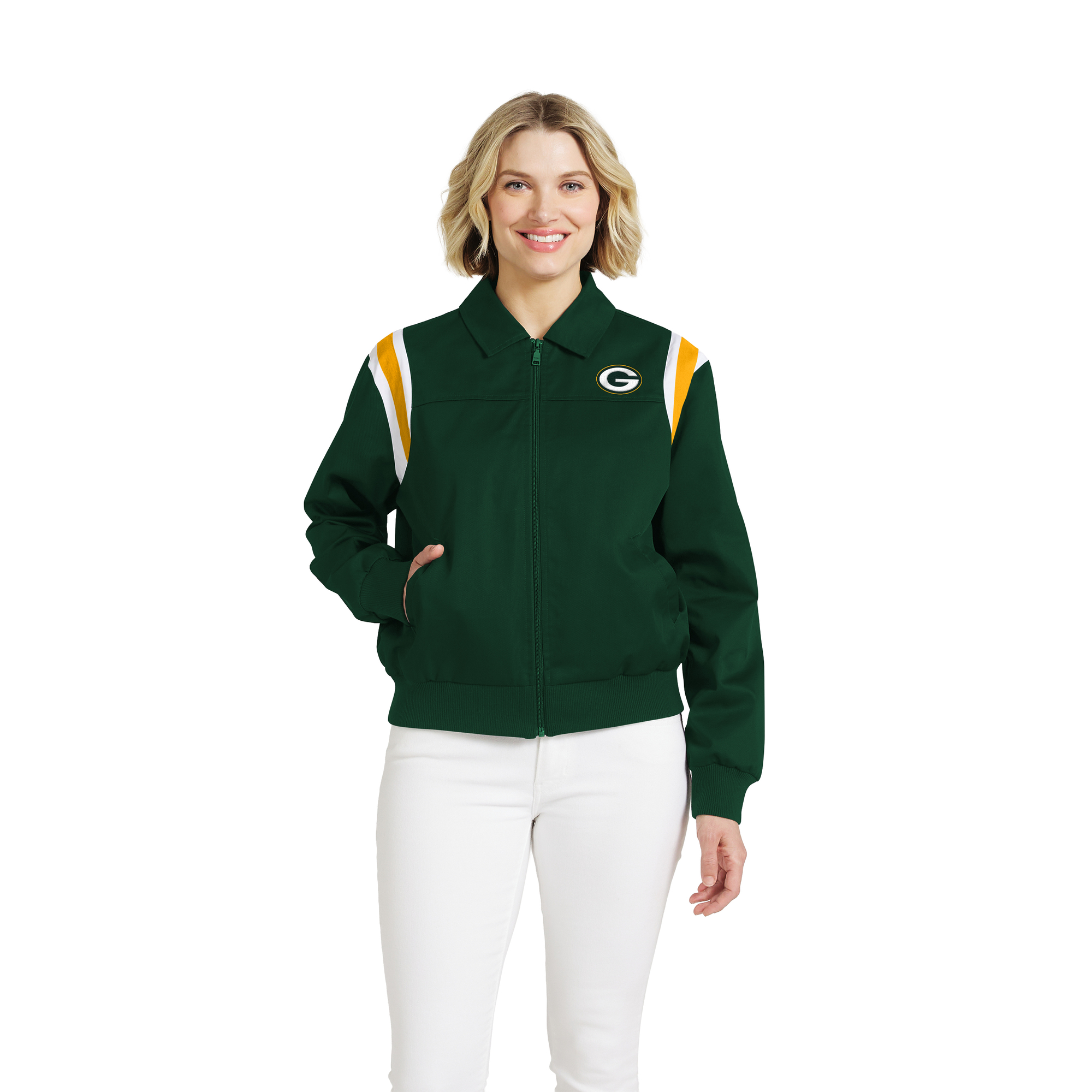 Women's WEAR by Erin Andrews Green Green Bay Packers Shoulder Stripe Twill Full-Zip Jacket