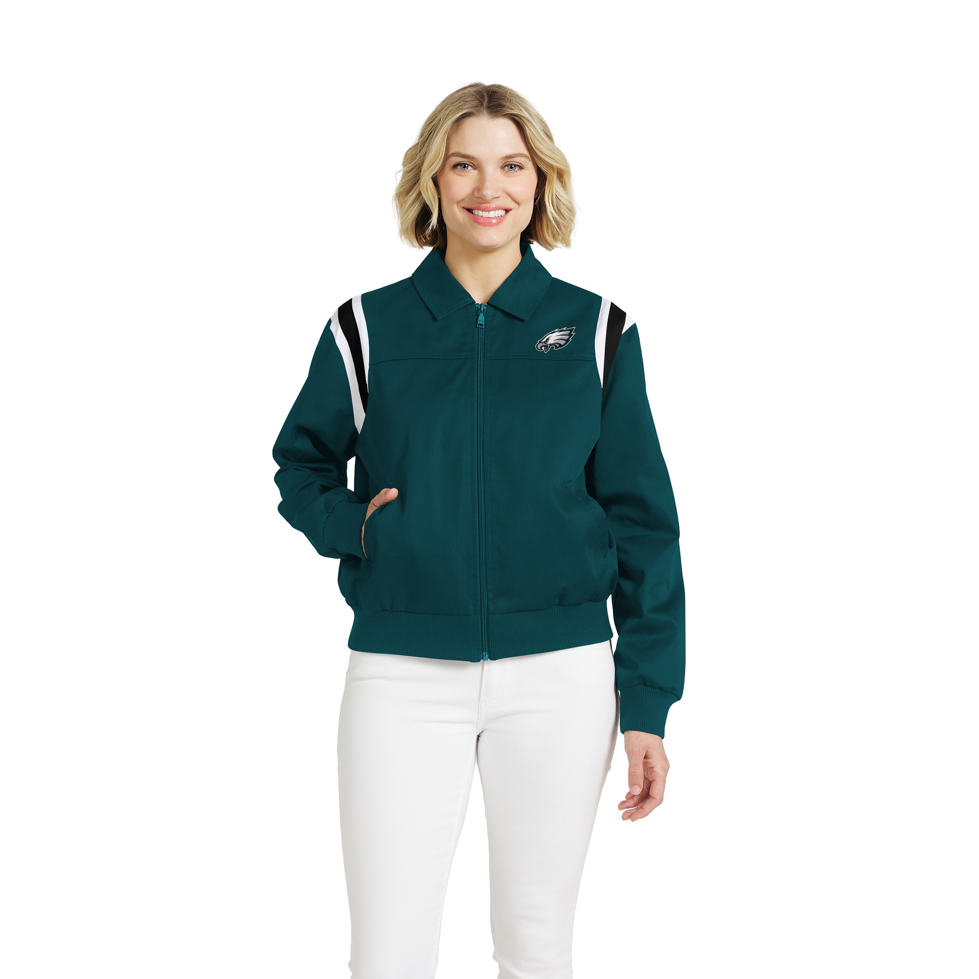 Women's WEAR by Erin Andrews Midnight Green Philadelphia Eagles Shoulder Stripe Twill Full-Zip Jacket