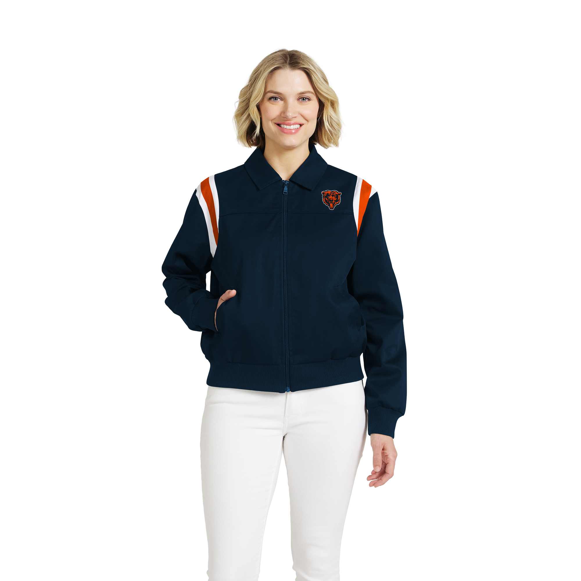 Wear by Erin Andrews Women's Navy Chicago Bears Shoulder Stripe Twill Full-Zip Jacket - Navy